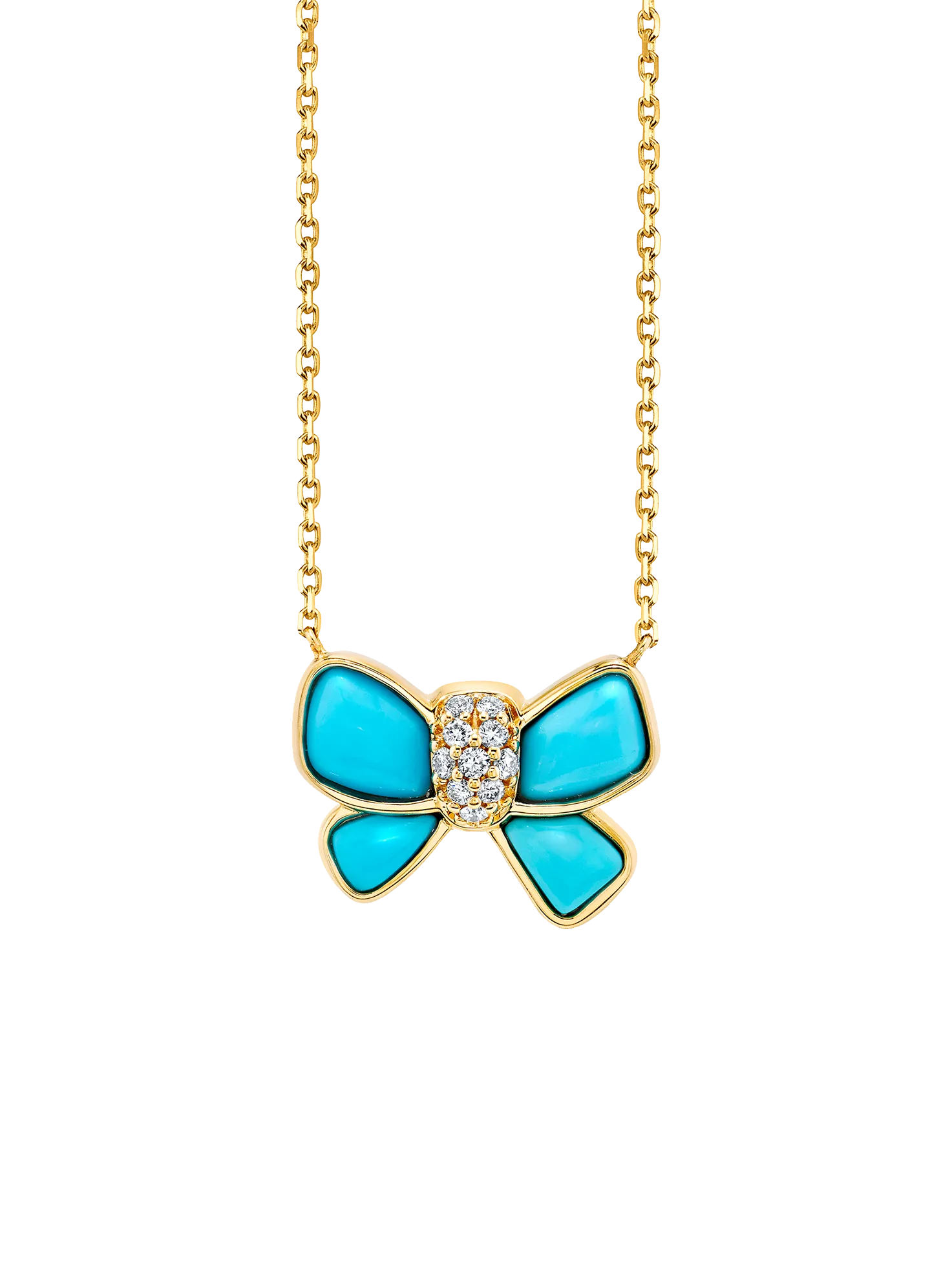 Hand Carved Bow Necklace - White Diamond and Turquoise / 14k Yellow Gold