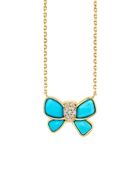 Hand Carved Bow Necklace - White Diamond and Turquoise / 14k Yellow Gold