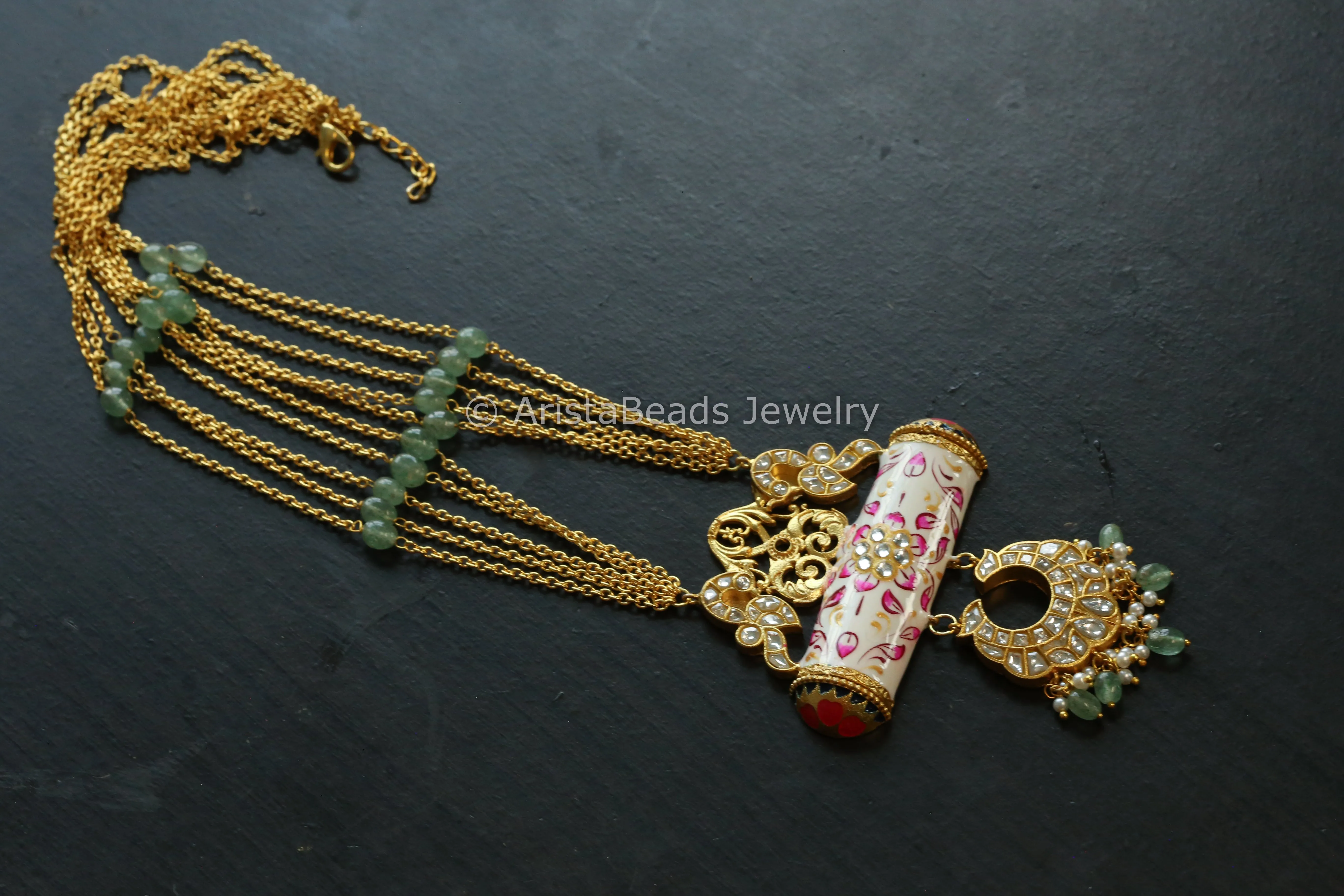 Jadau Kundan Meenakali Tabeez Necklace - Clear & Ivory