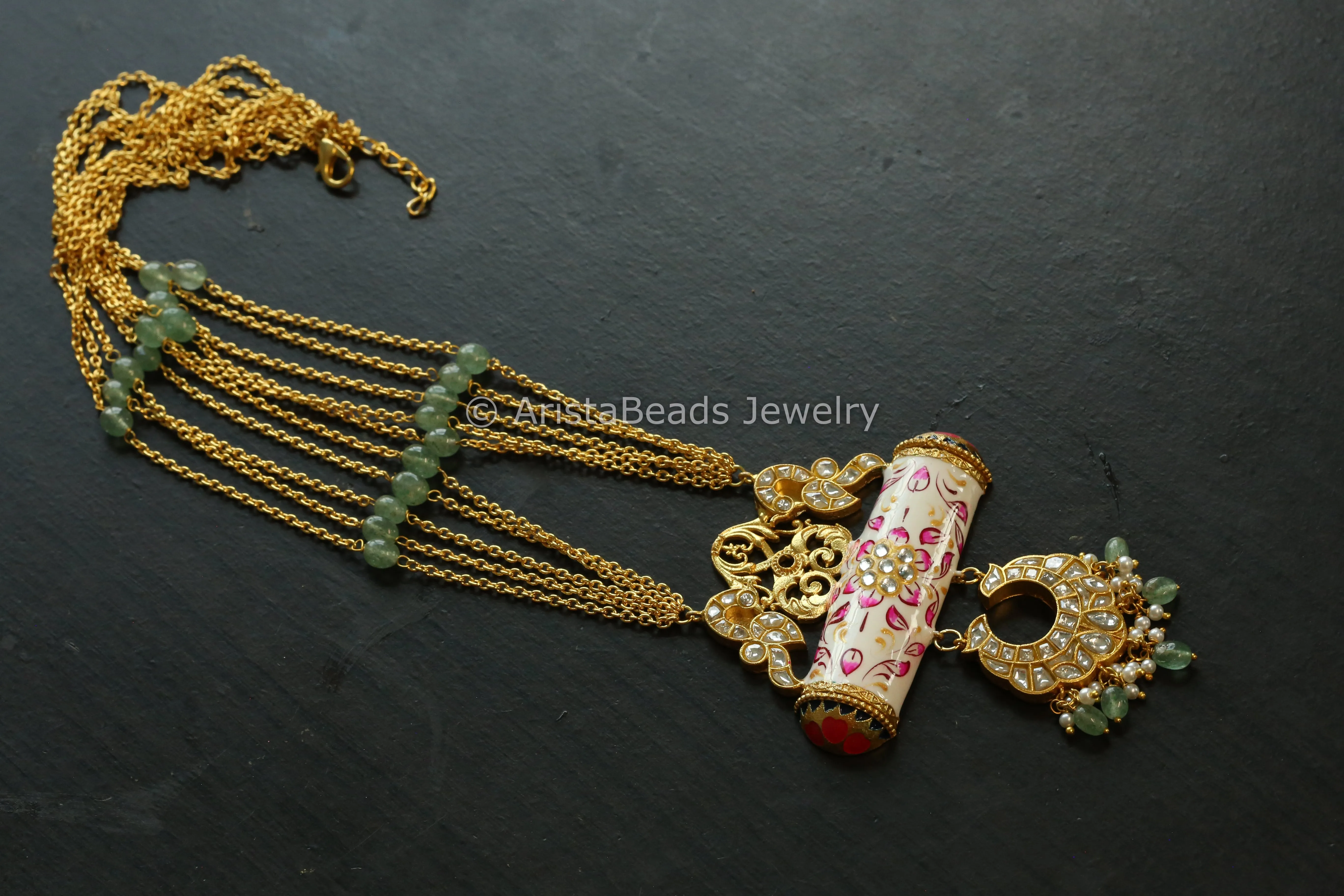 Jadau Kundan Meenakali Tabeez Necklace - Clear & Ivory