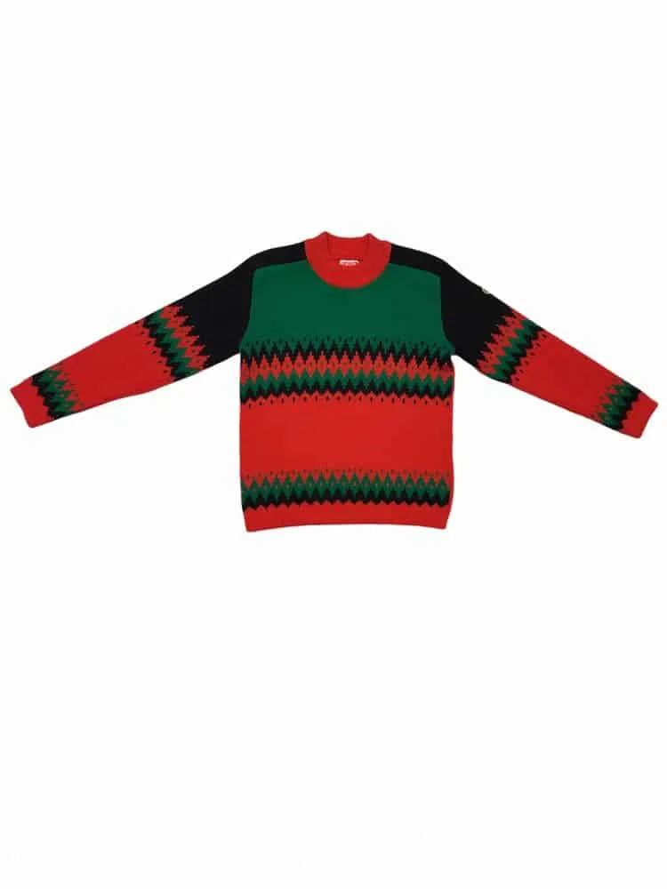 Late 70s vintage wool knitted ski sweater in red & green – S