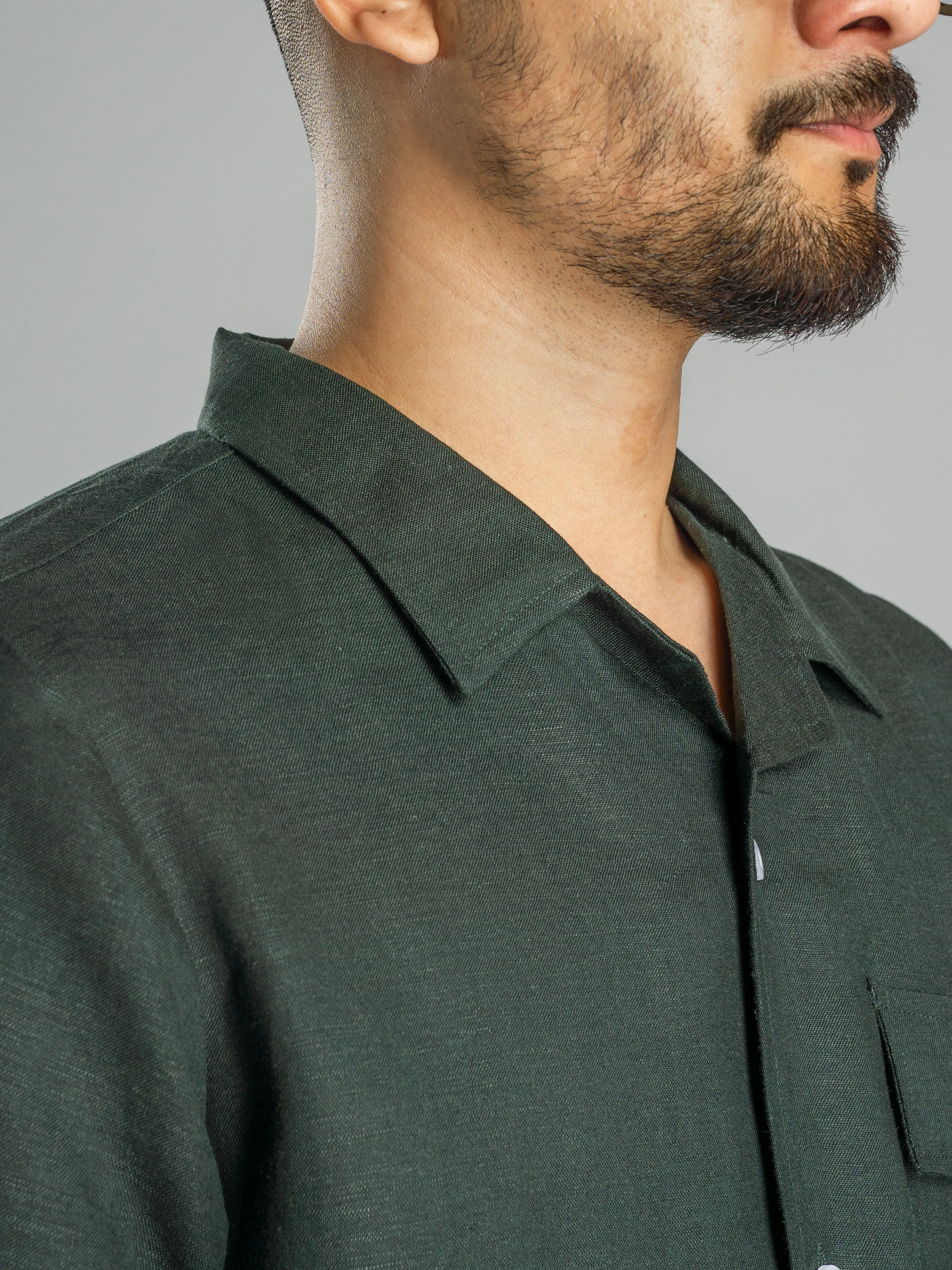 Linen Cuban Collar Shirt - Dark Green