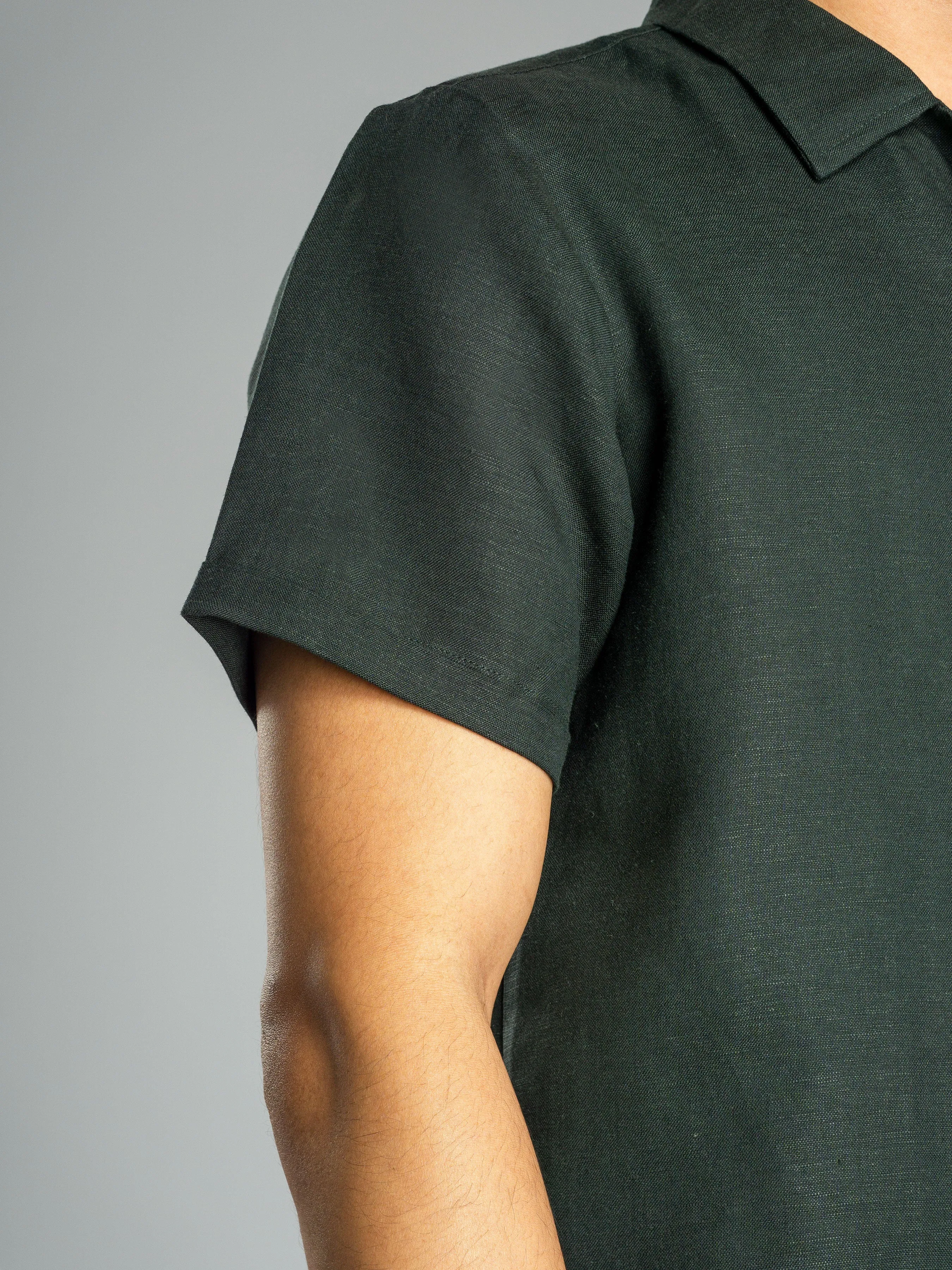 Linen Cuban Collar Shirt - Dark Green