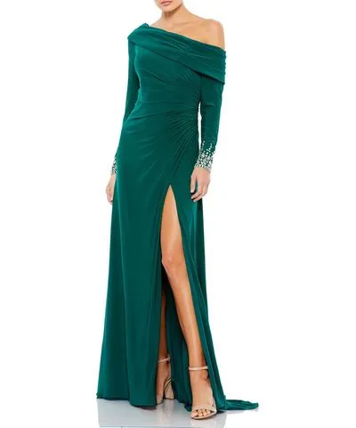 Mac Duggal Womens Ruched Embellished Evening Dress