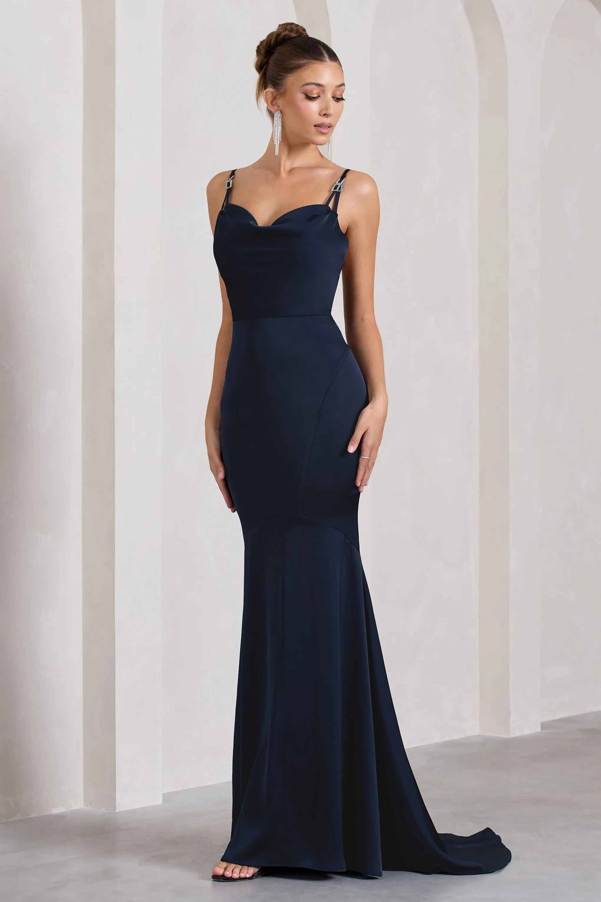 Made With Love | Navy Satin Strappy Fishtail Maxi Dress