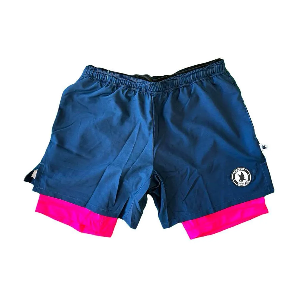 Mens 2-1 Solid Compression Navy with Neon Pink Liner 7 Short