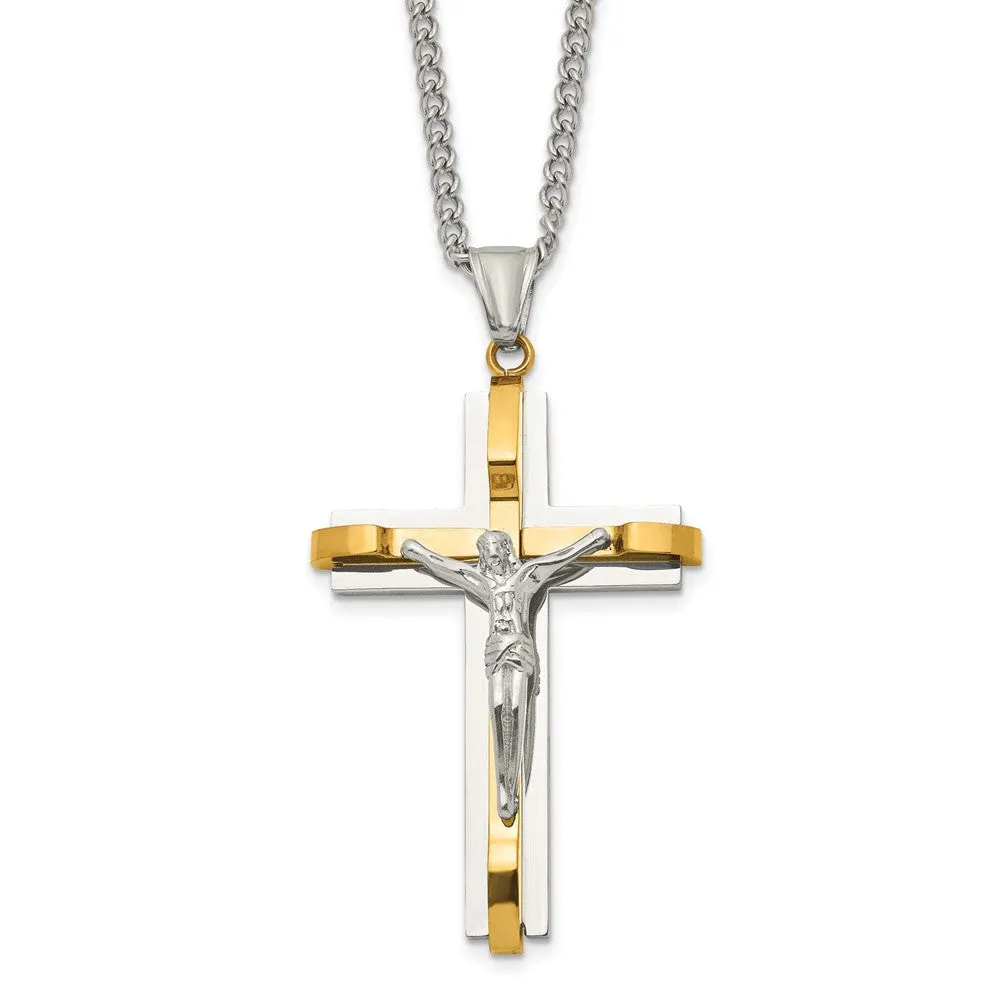 Mens Stainless Steel & Gold Tone Plated XL Crucifix Necklace, 24 Inch