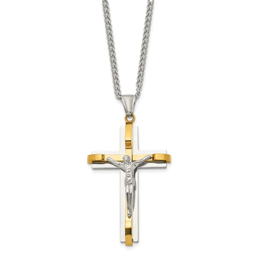 Mens Stainless Steel & Gold Tone Plated XL Crucifix Necklace, 24 Inch