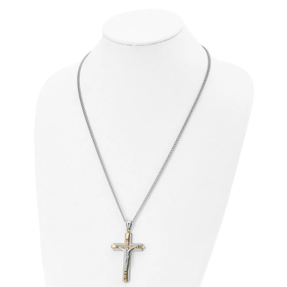 Mens Stainless Steel & Gold Tone Plated XL Crucifix Necklace, 24 Inch