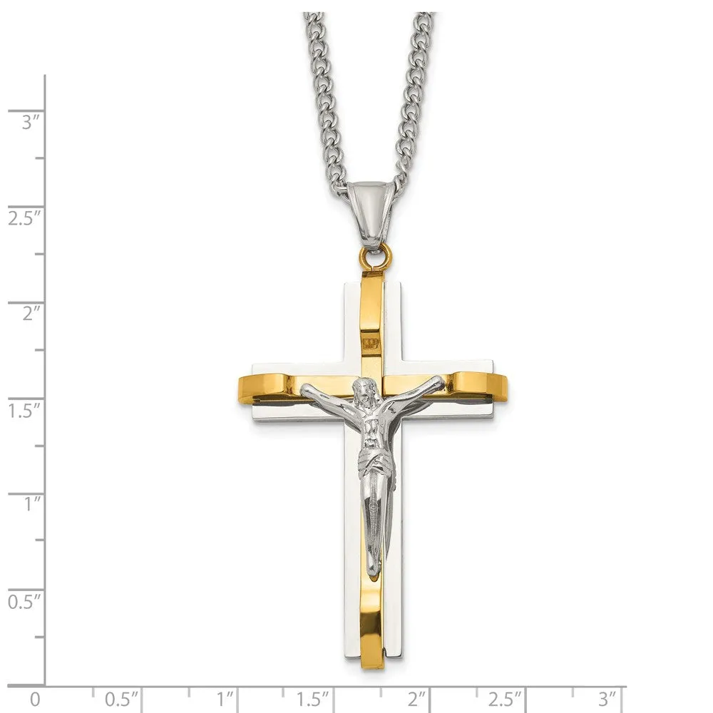 Mens Stainless Steel & Gold Tone Plated XL Crucifix Necklace, 24 Inch