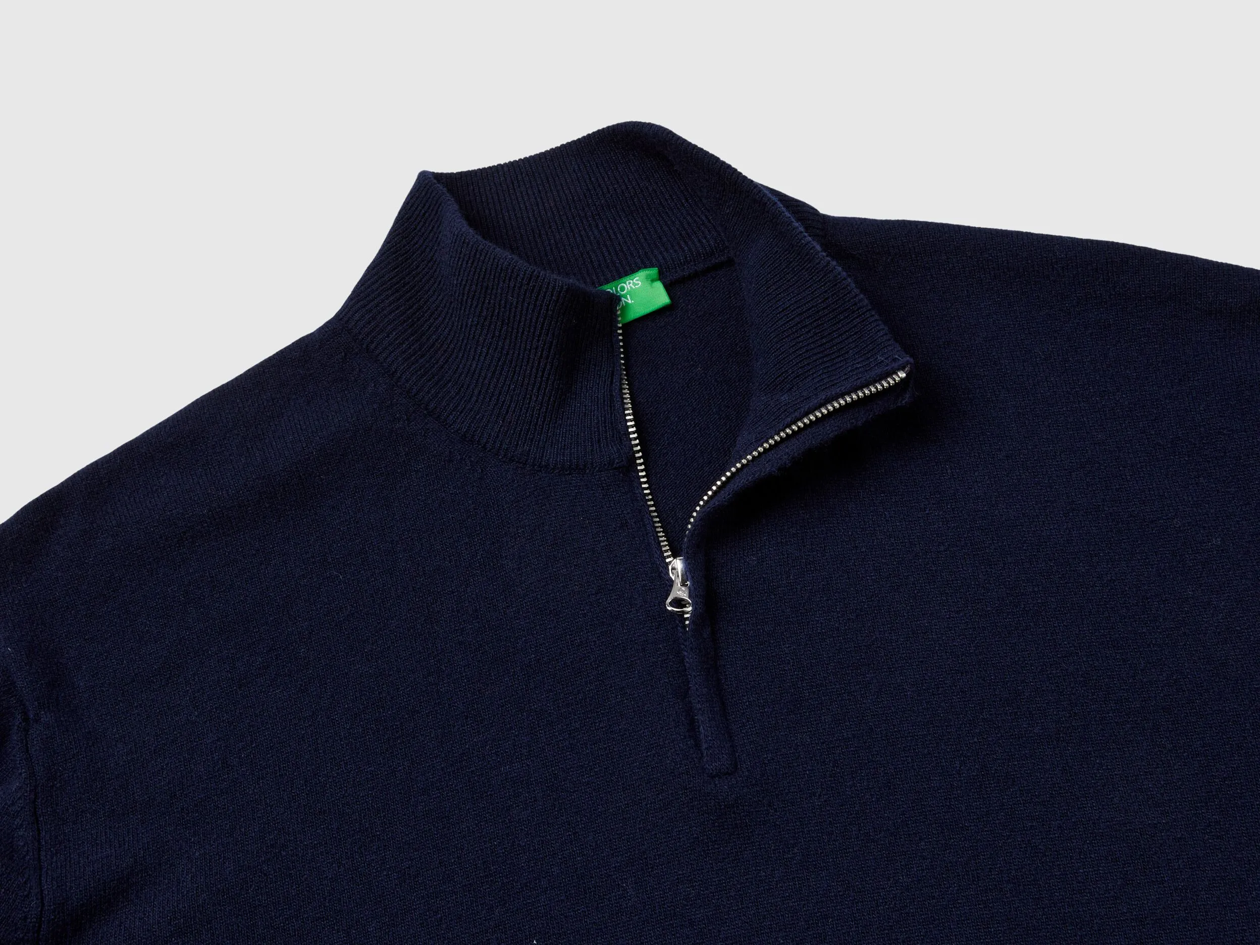 Midnight blue zip-up sweater in 100% Merino wool - Dark Blue | Benetton