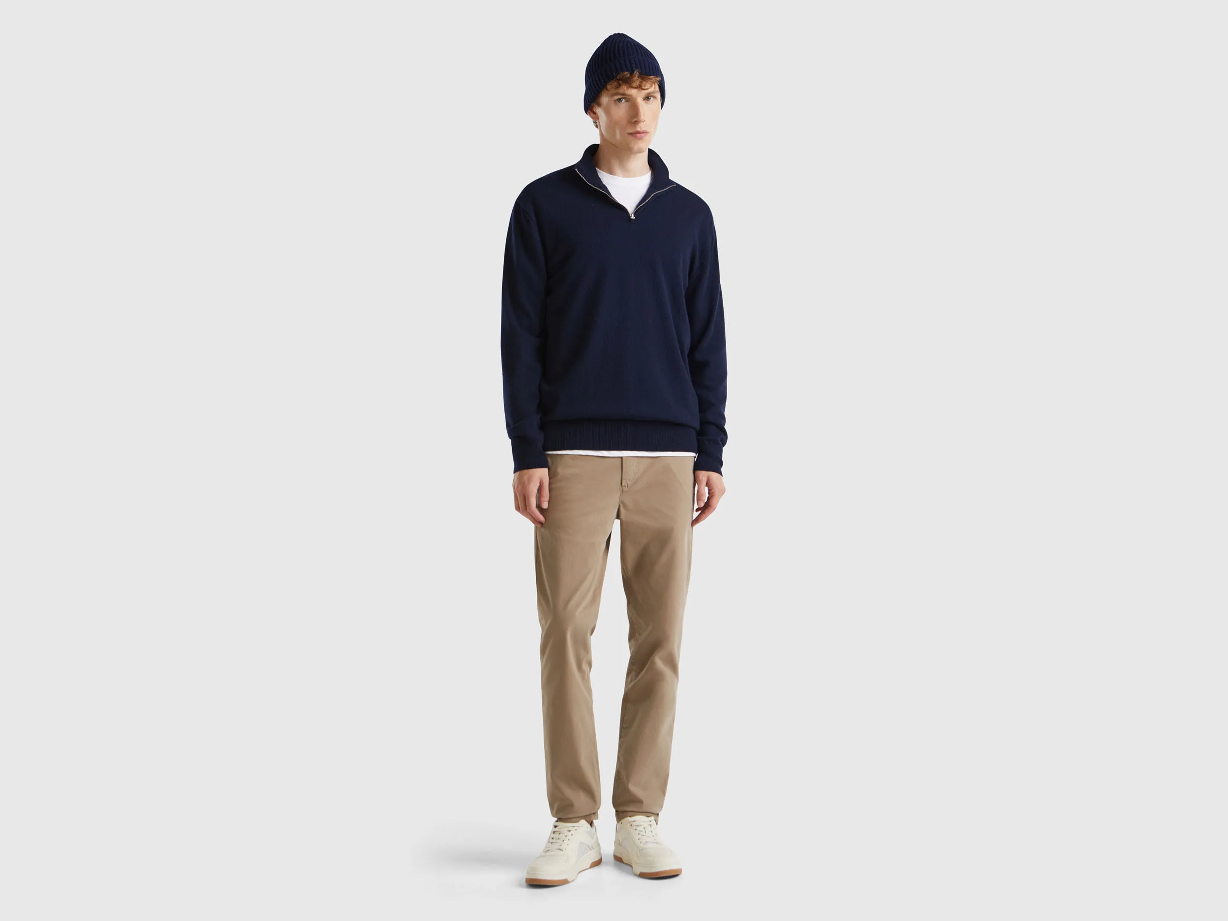 Midnight blue zip-up sweater in 100% Merino wool - Dark Blue | Benetton