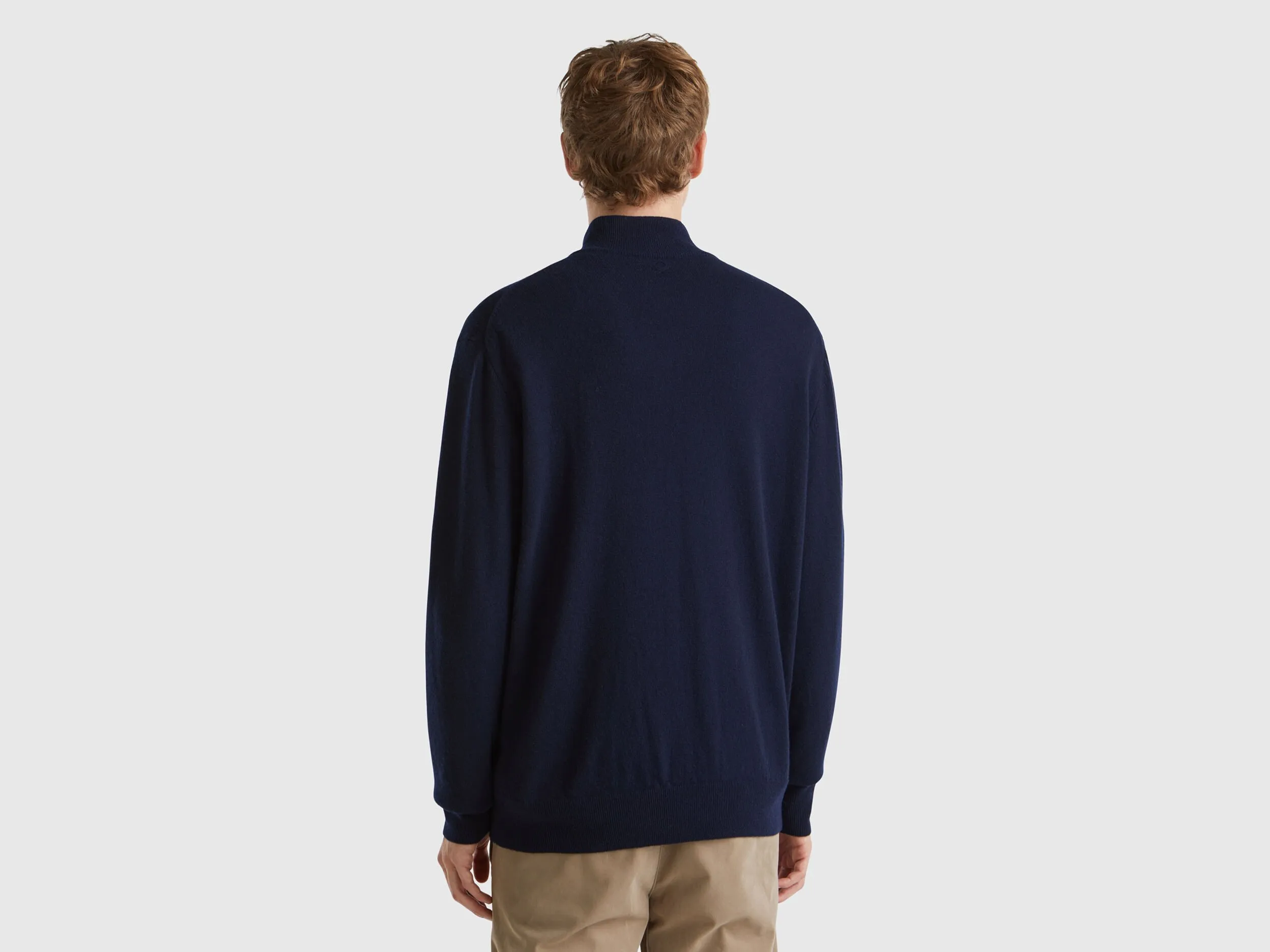 Midnight blue zip-up sweater in 100% Merino wool - Dark Blue | Benetton