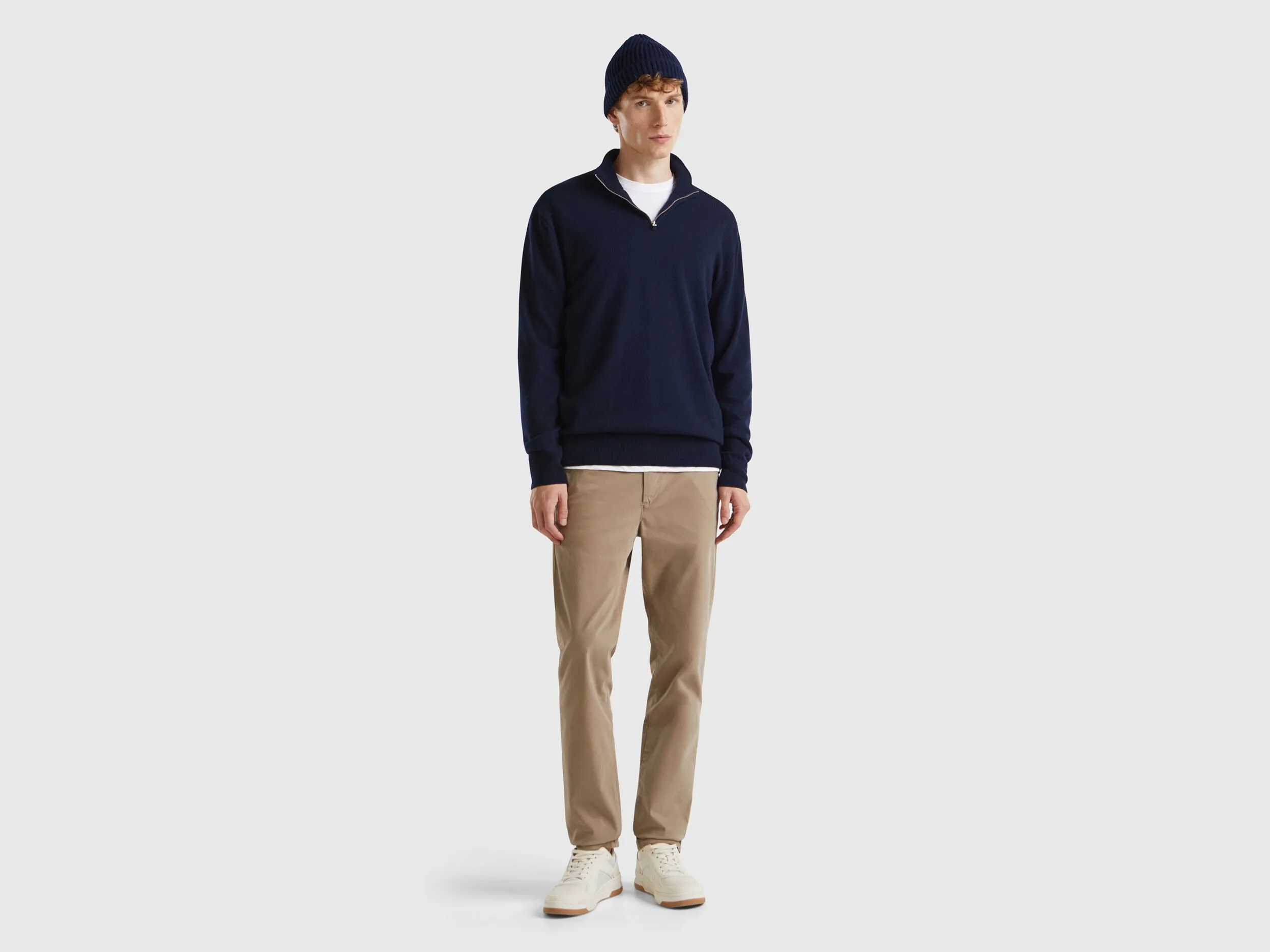 Midnight blue zip-up sweater in 100% Merino wool - Dark Blue | Benetton