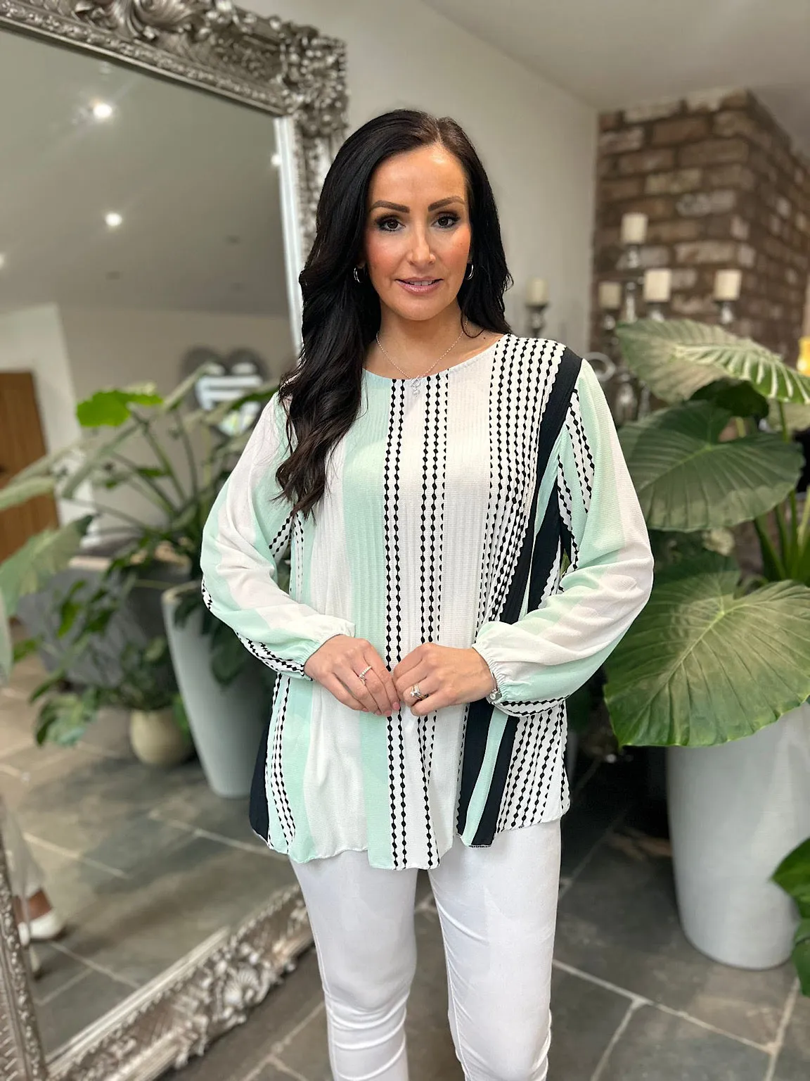 Mint Multi Stripe Pleated Blouse Evie