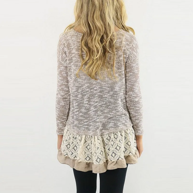 New Women Long Sleeve Slim Lace Hem off Two Sweater Knitting Wool Warm Pullover SM6