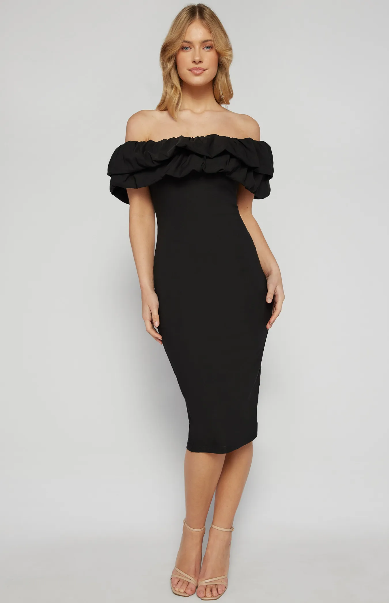  Off Shoulder Layered Ruffle Neckline Bodycon Dress (SDR1418A)