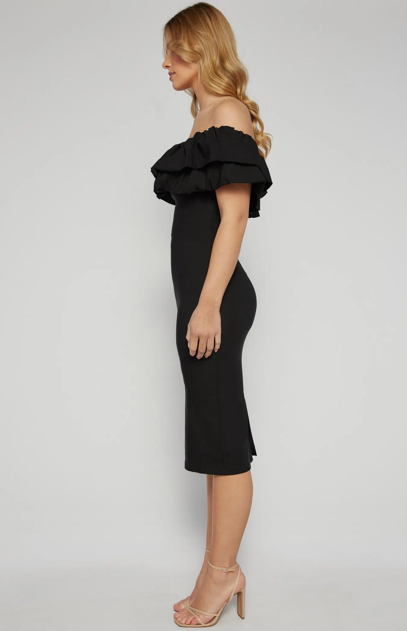  Off Shoulder Layered Ruffle Neckline Bodycon Dress (SDR1418A)