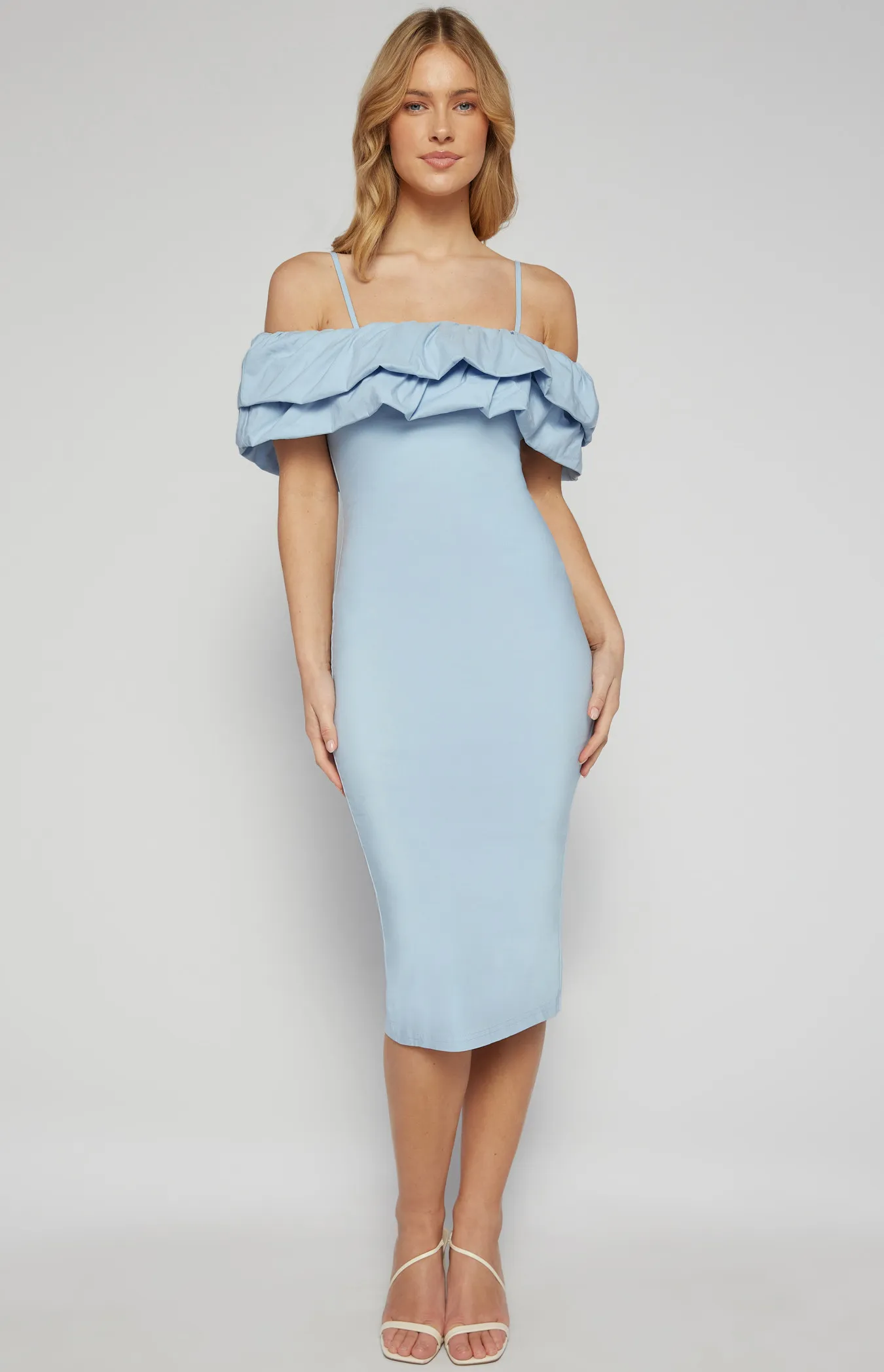  Off Shoulder Layered Ruffle Neckline Bodycon Dress (SDR1418A)