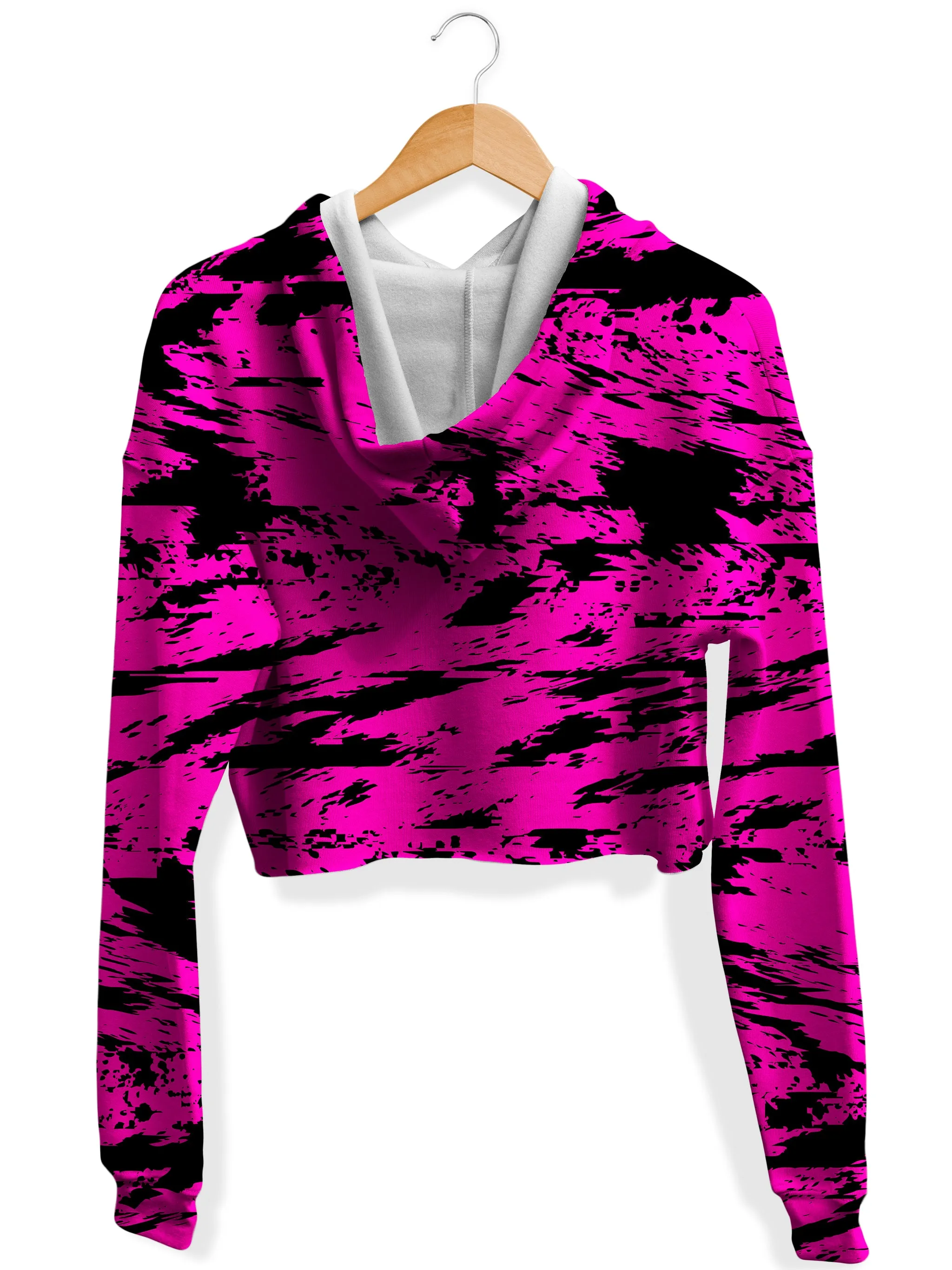 Pink and Black Rave Glitch Splatter Fleece Crop Hoodie