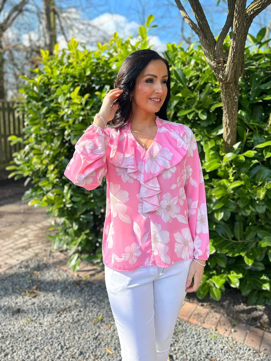 Pink Floral Frill Collar Blouse Rylee