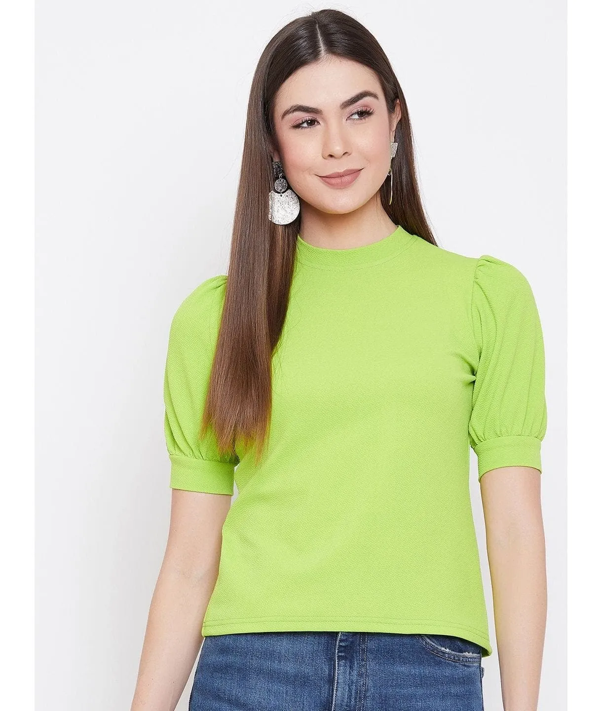 Plus Cotton Solid Stretchable Puff Sleeve Top