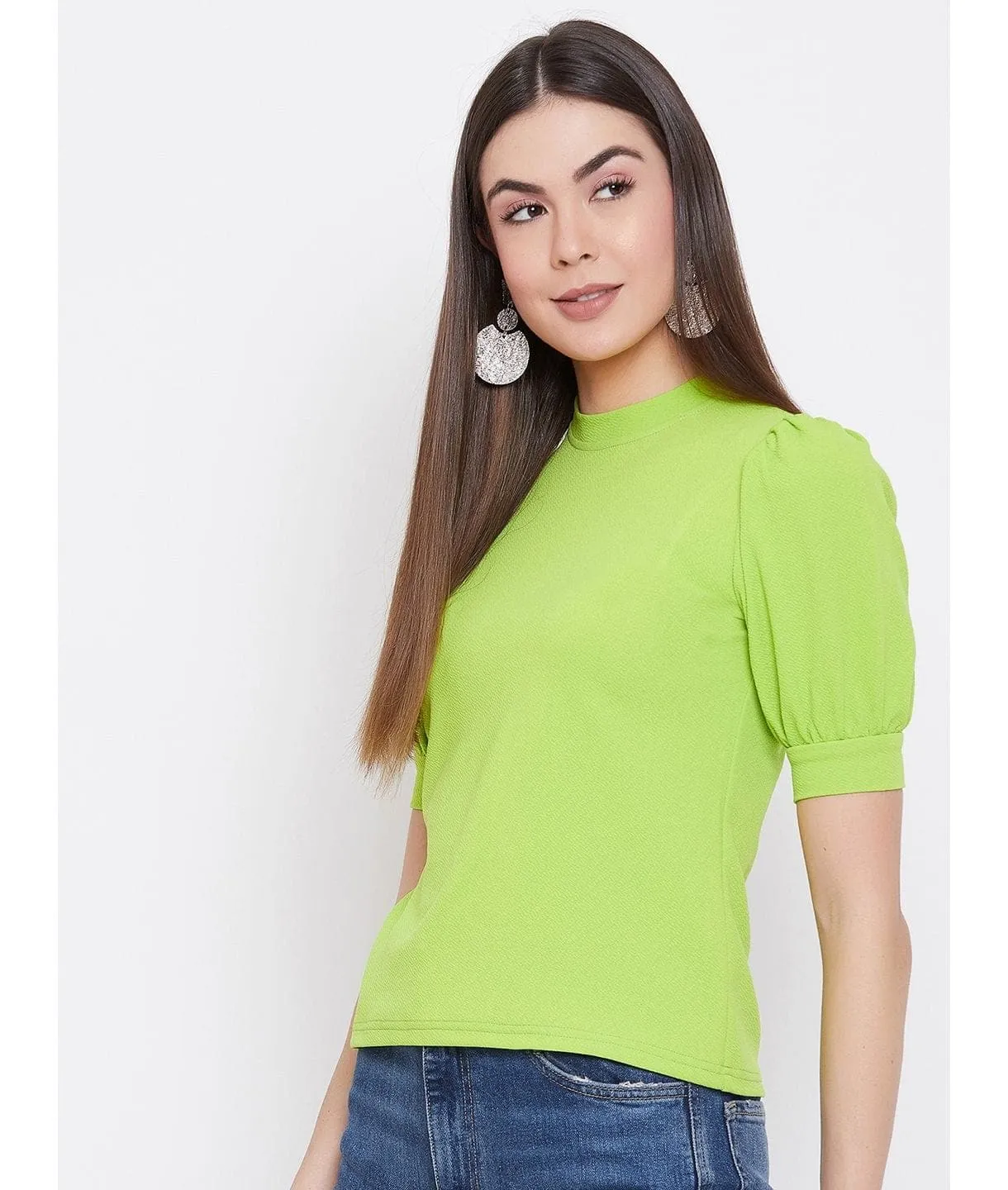 Plus Cotton Solid Stretchable Puff Sleeve Top