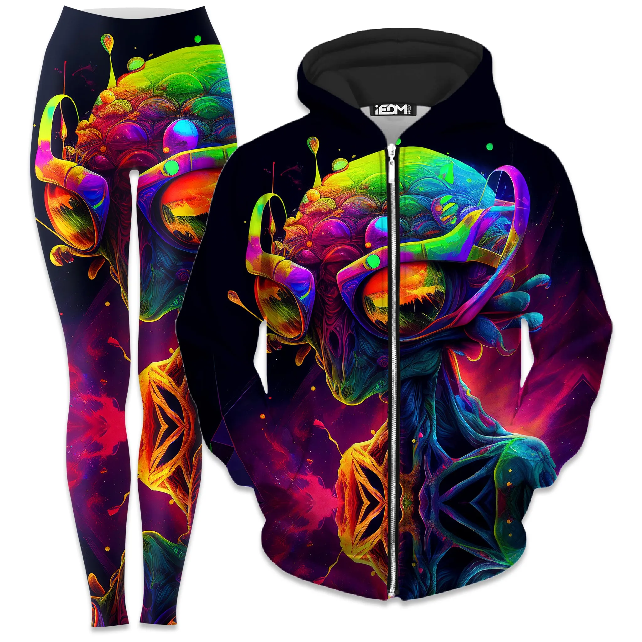 Psychedelic Alien Zip-Up Hoodie and Leggings Combo