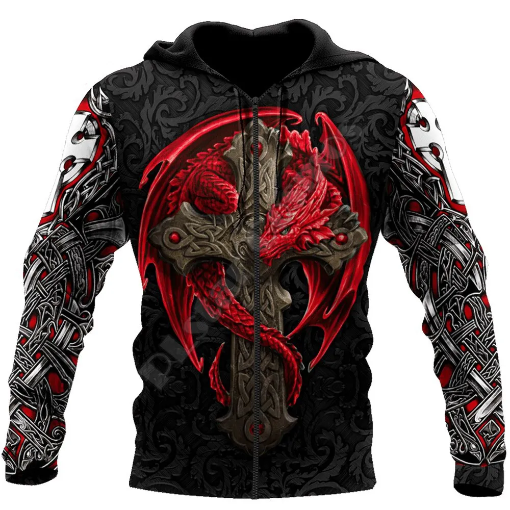 Red Dragon Cross Tattoo 3D Printed Hoodies for Men / Alternative Style Hooded Sweatshirt