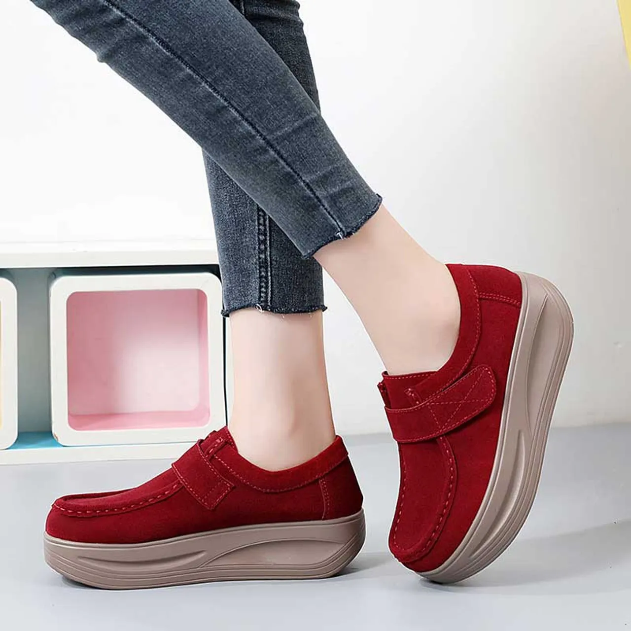 Red suede velcro slip on rocker bottom sneaker