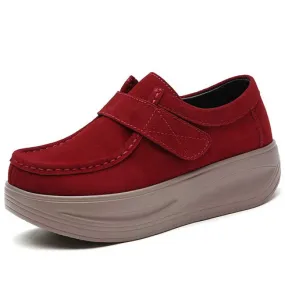 Red suede velcro slip on rocker bottom sneaker