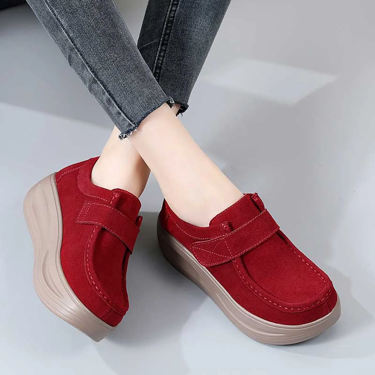 Red suede velcro slip on rocker bottom sneaker