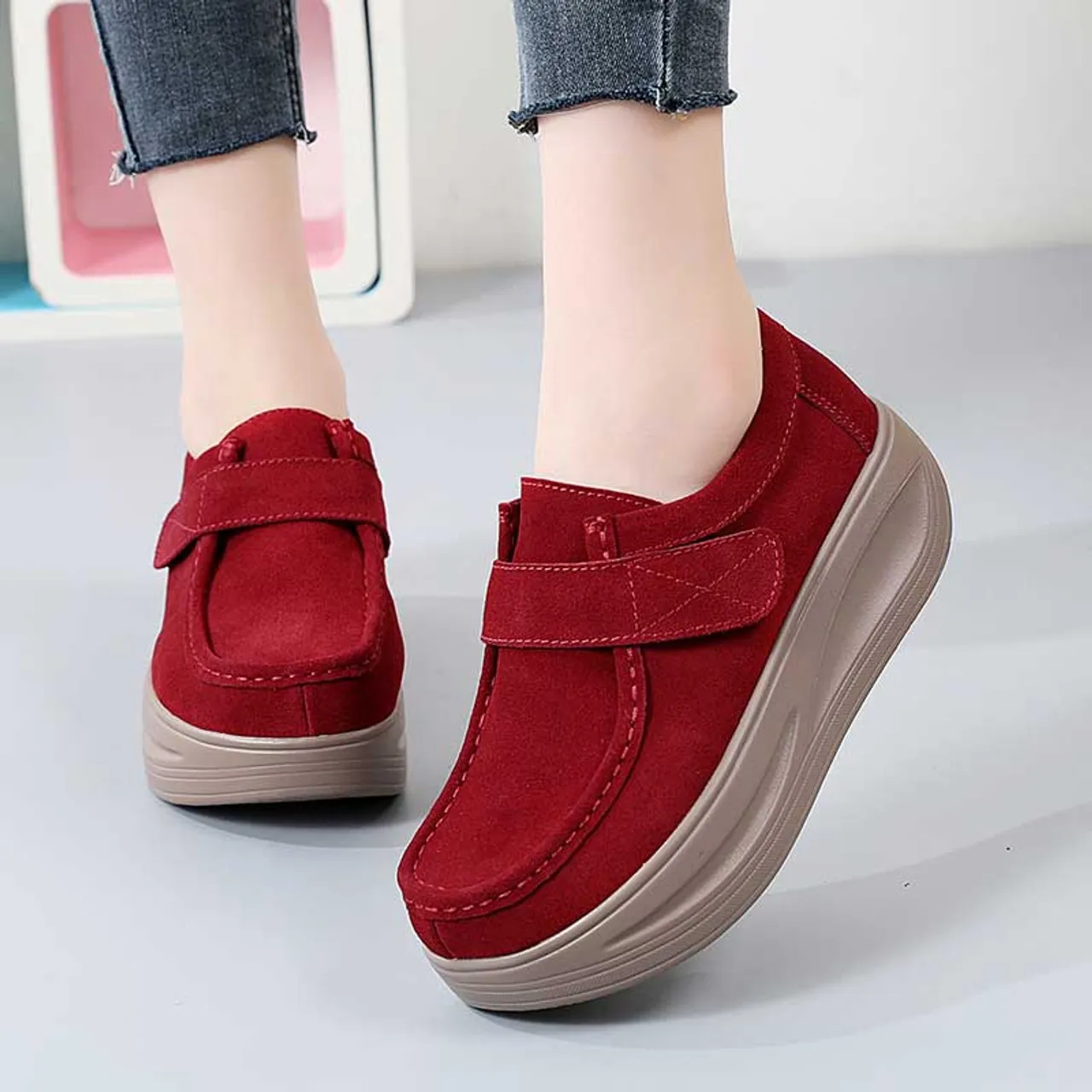 Red suede velcro slip on rocker bottom sneaker