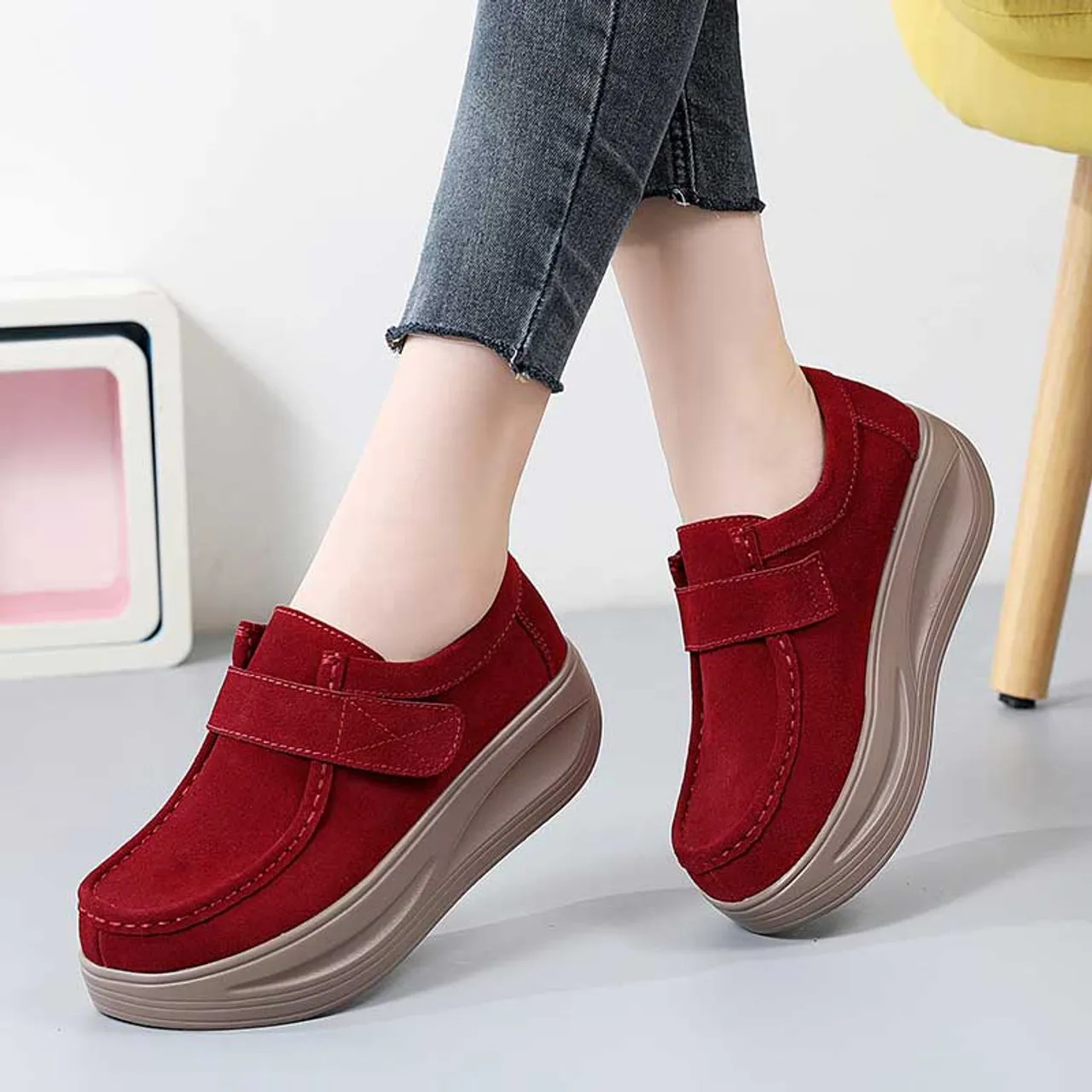 Red suede velcro slip on rocker bottom sneaker