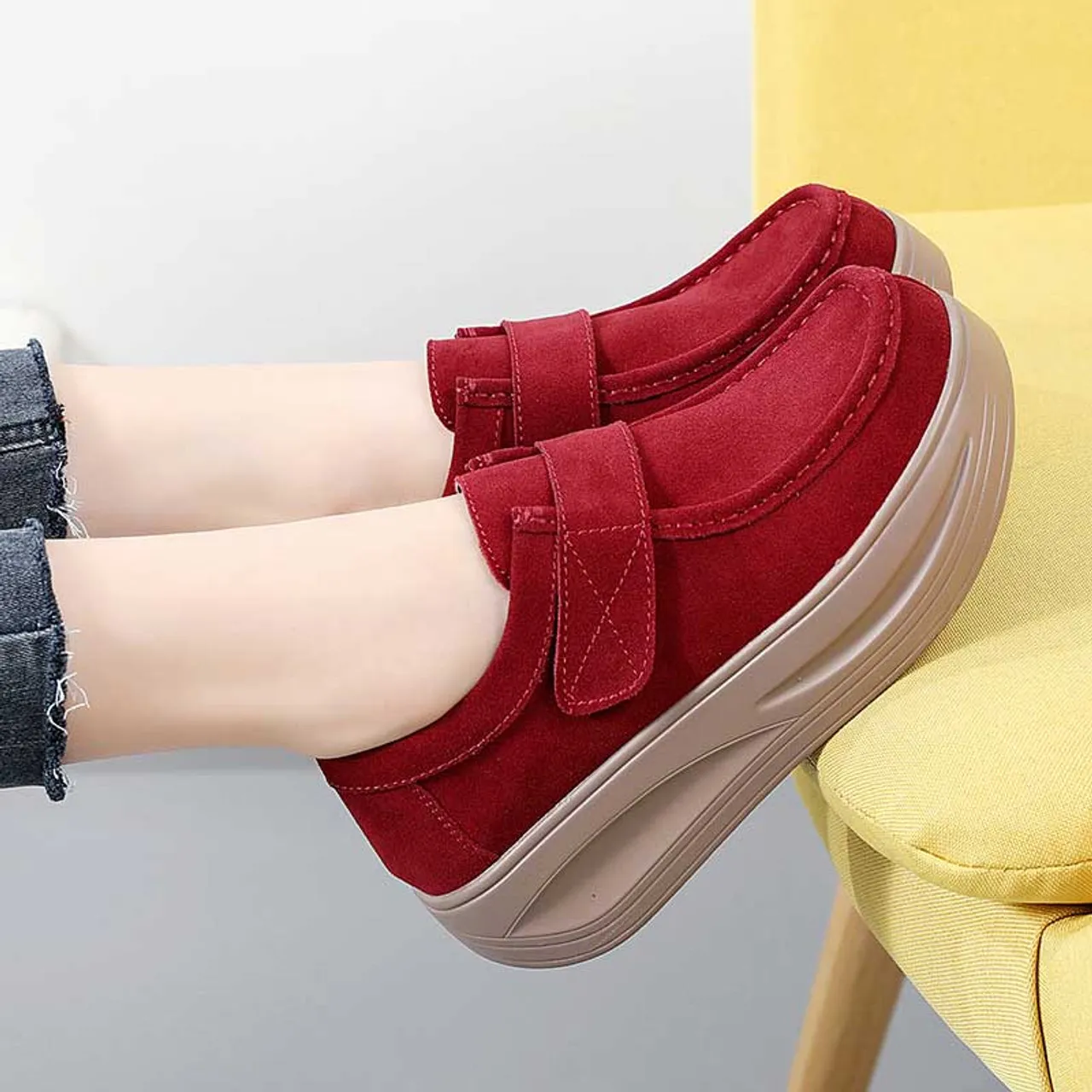 Red suede velcro slip on rocker bottom sneaker