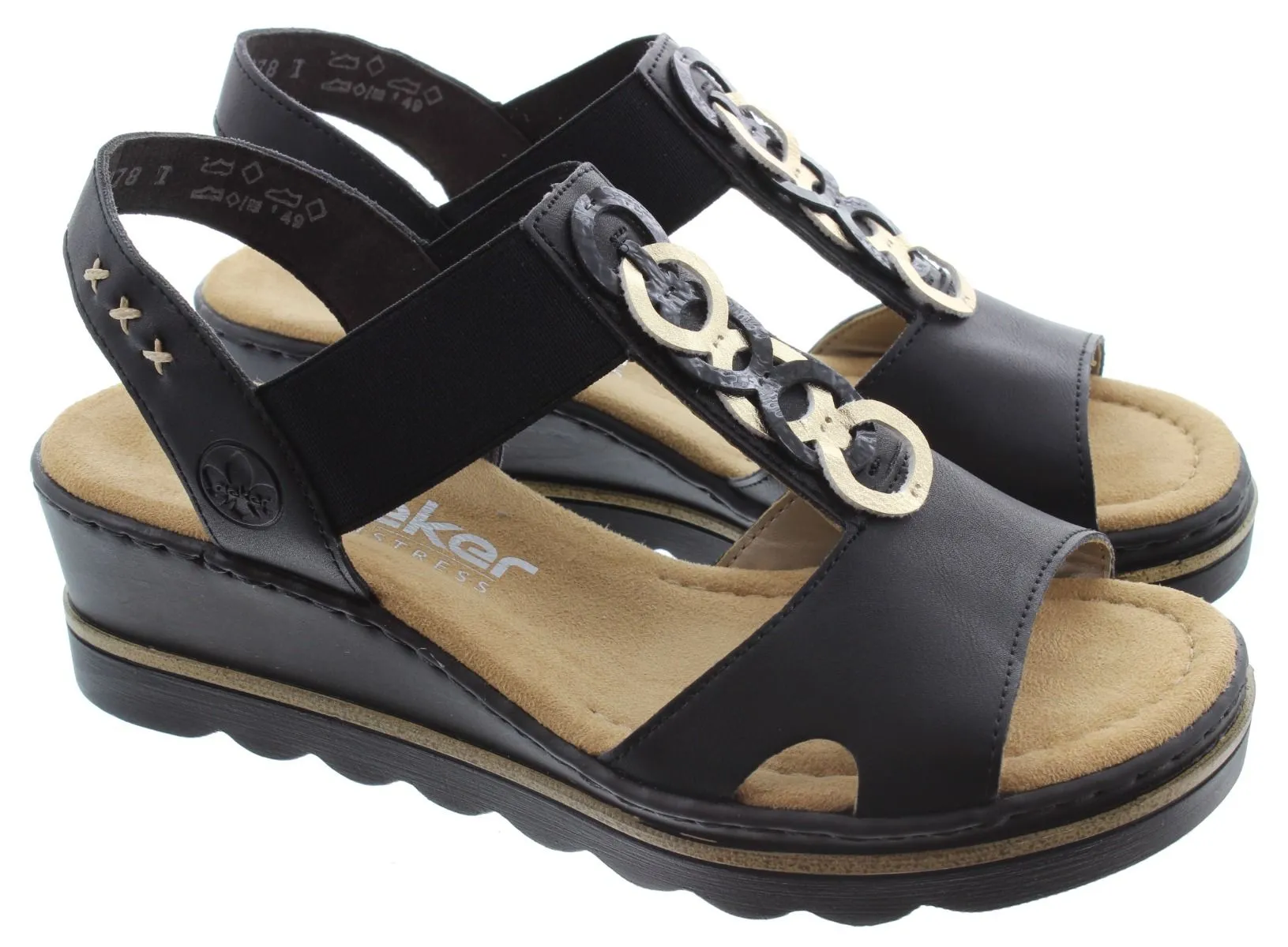 RIEKER Ladies 67498 Wedge Sandals In Black