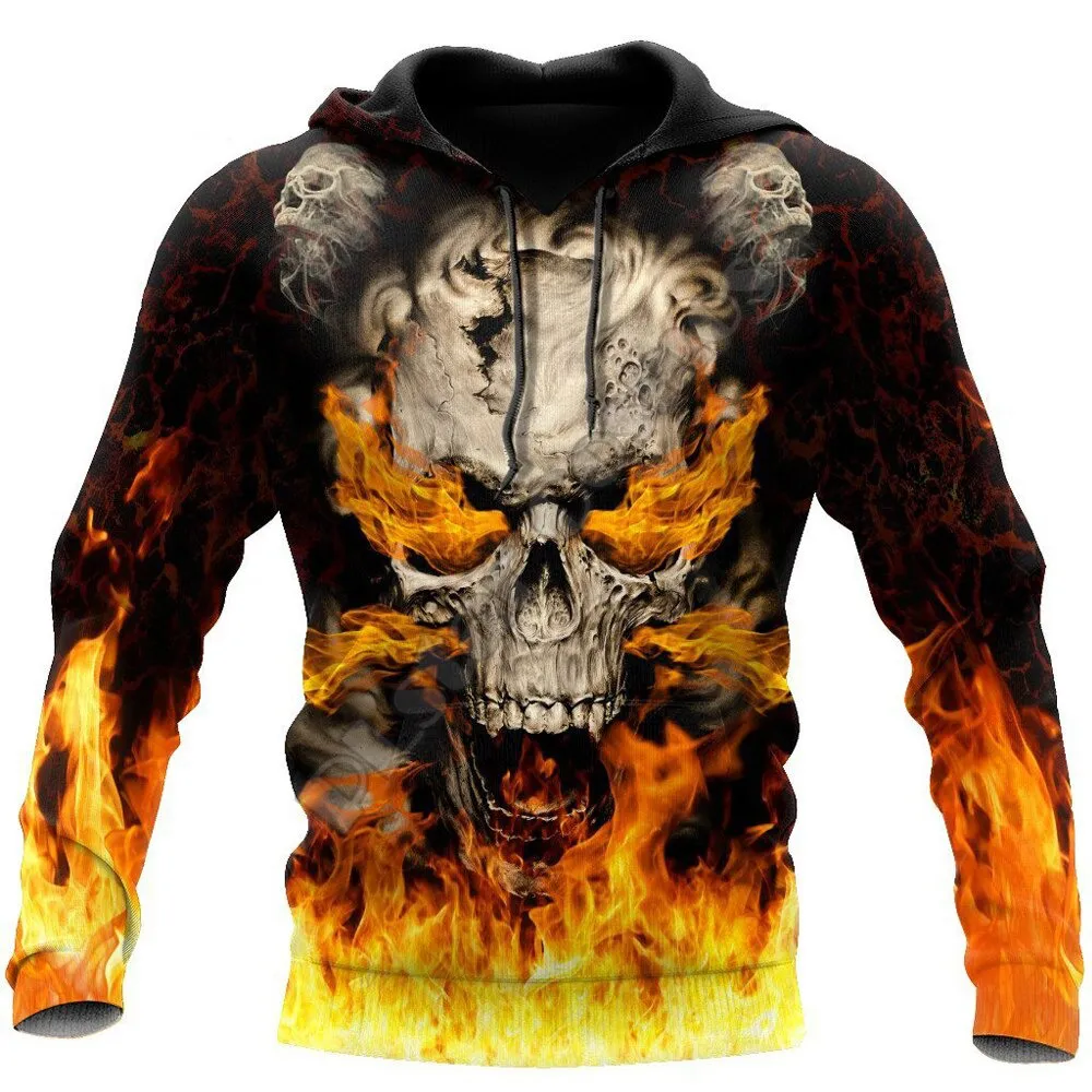 Rock Style Skull On Fire Men Hoodies / Fashion 3D Printed Sweatshirts