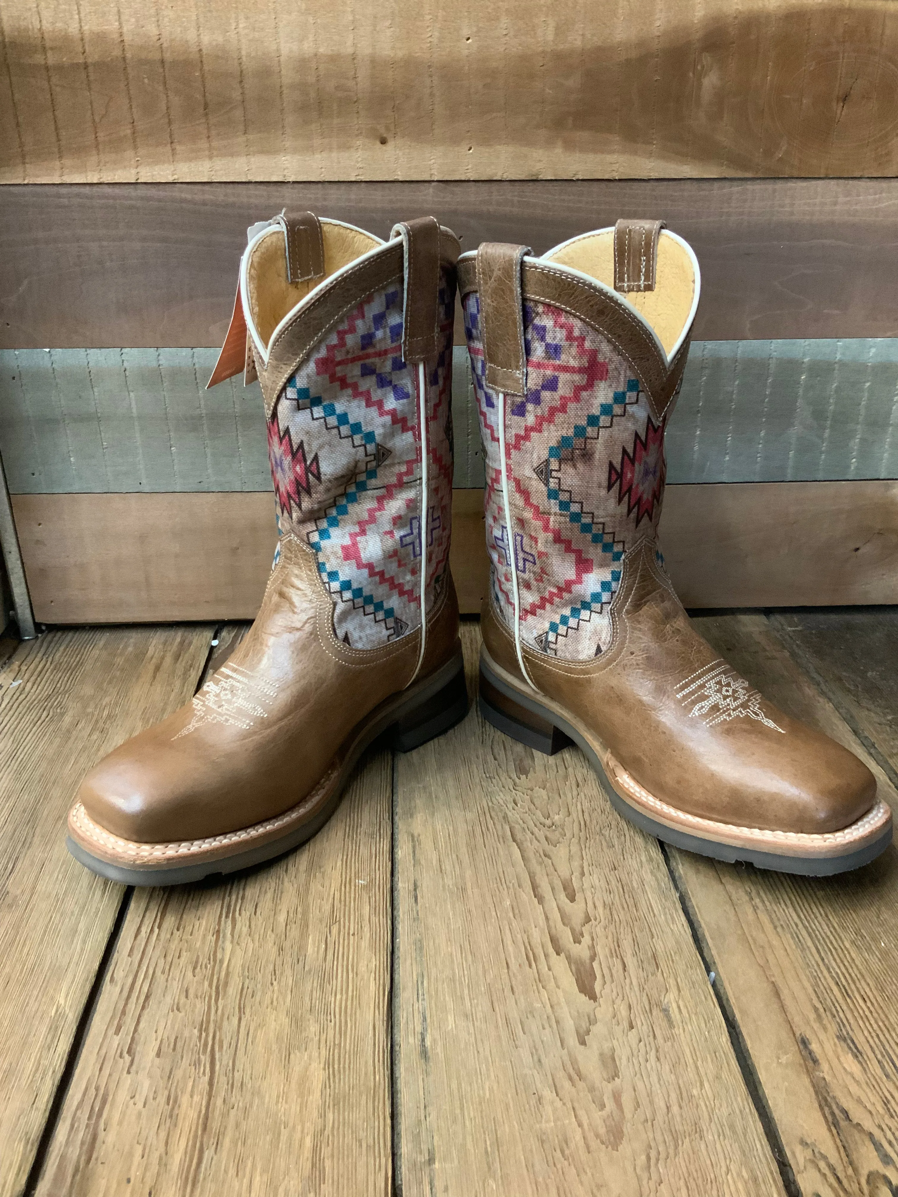 Roper Children/Youth Beige Burnished Brown Native Design Square Toe Western Boot 7023-8454