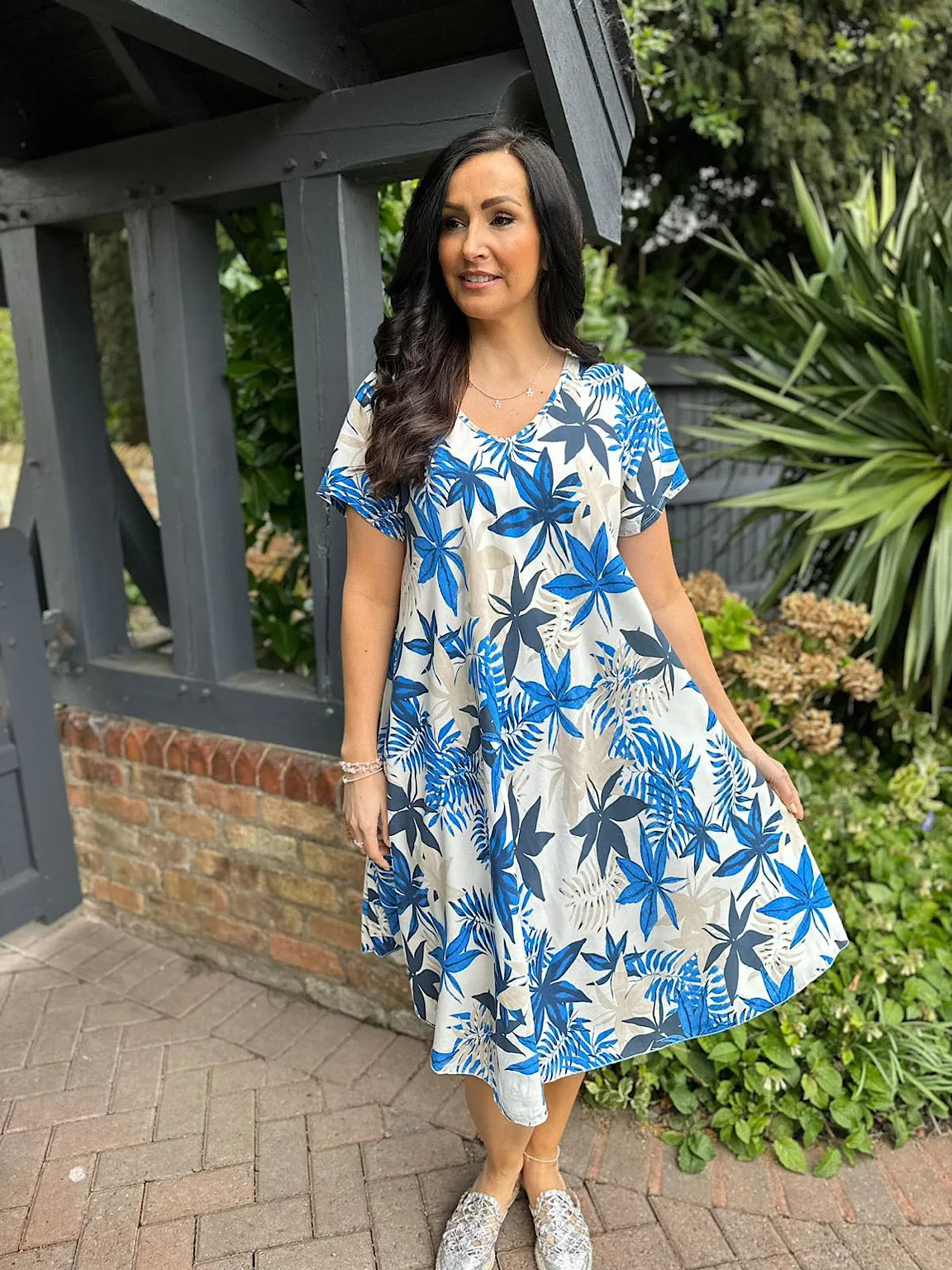 Royal Blue Multi Leaf V Neck Dress Kim