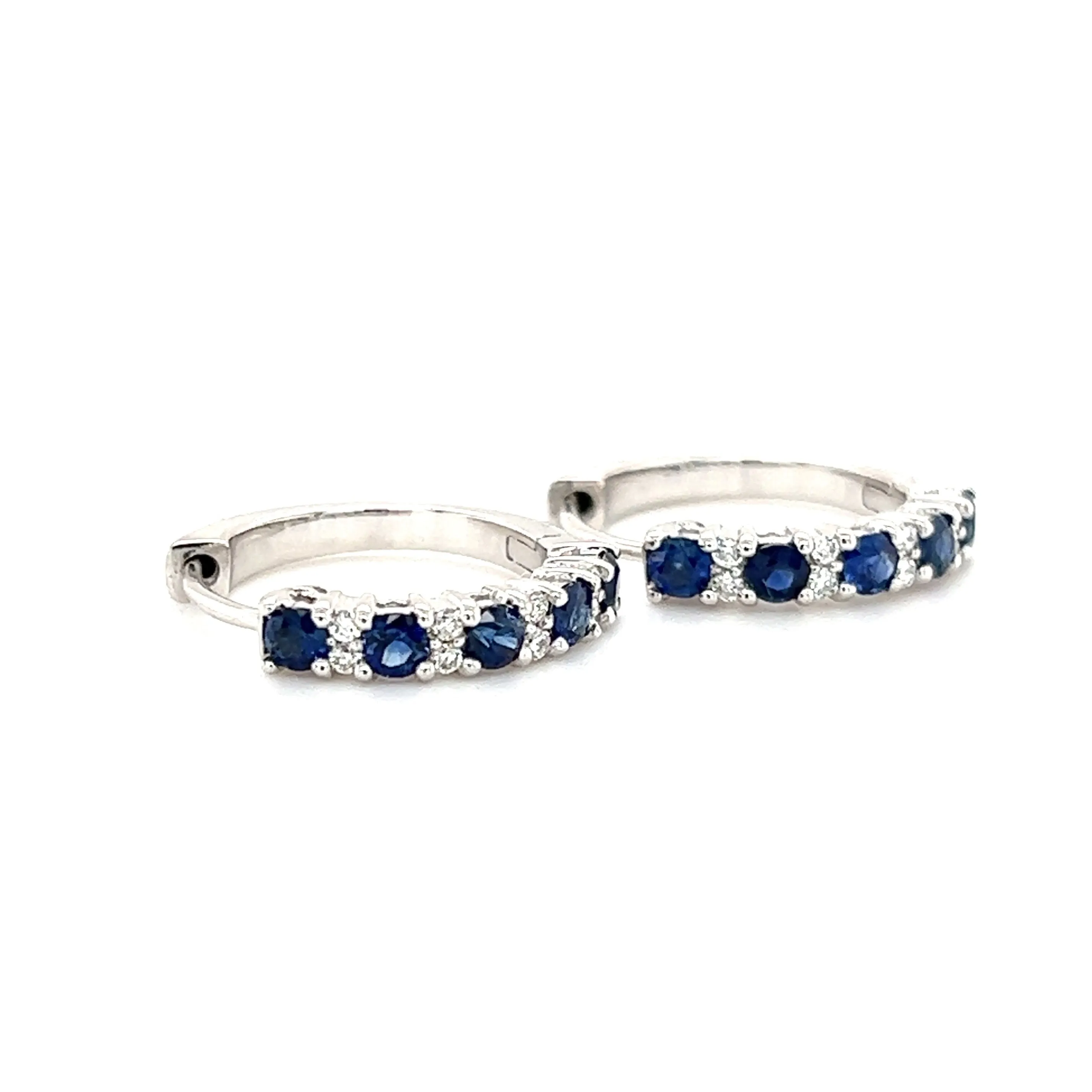 Sapphire Hoop Earrings with Eight Round Diamonds in 14K White Gold