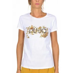 T-SHIRT GIROCOLLO CON STAMPA E PERLINE, BIANCO