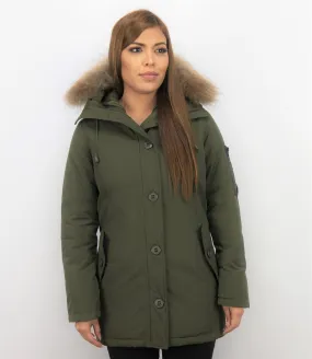 TheBrand Fur Collar Coat - Women's Winter Coat Long - Parka Stitch Bag - Green