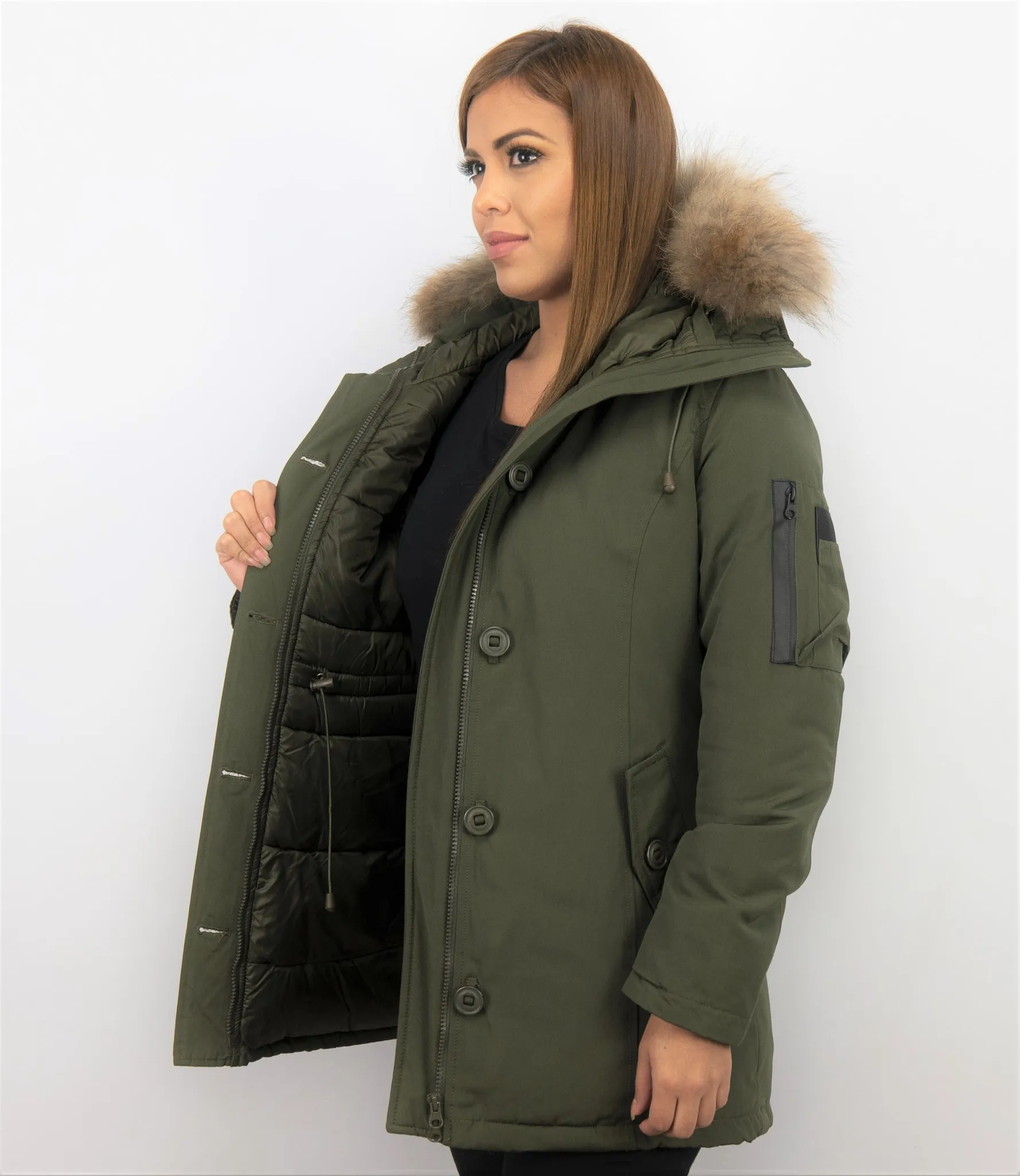 TheBrand Fur Collar Coat - Women's Winter Coat Long - Parka Stitch Bag - Green