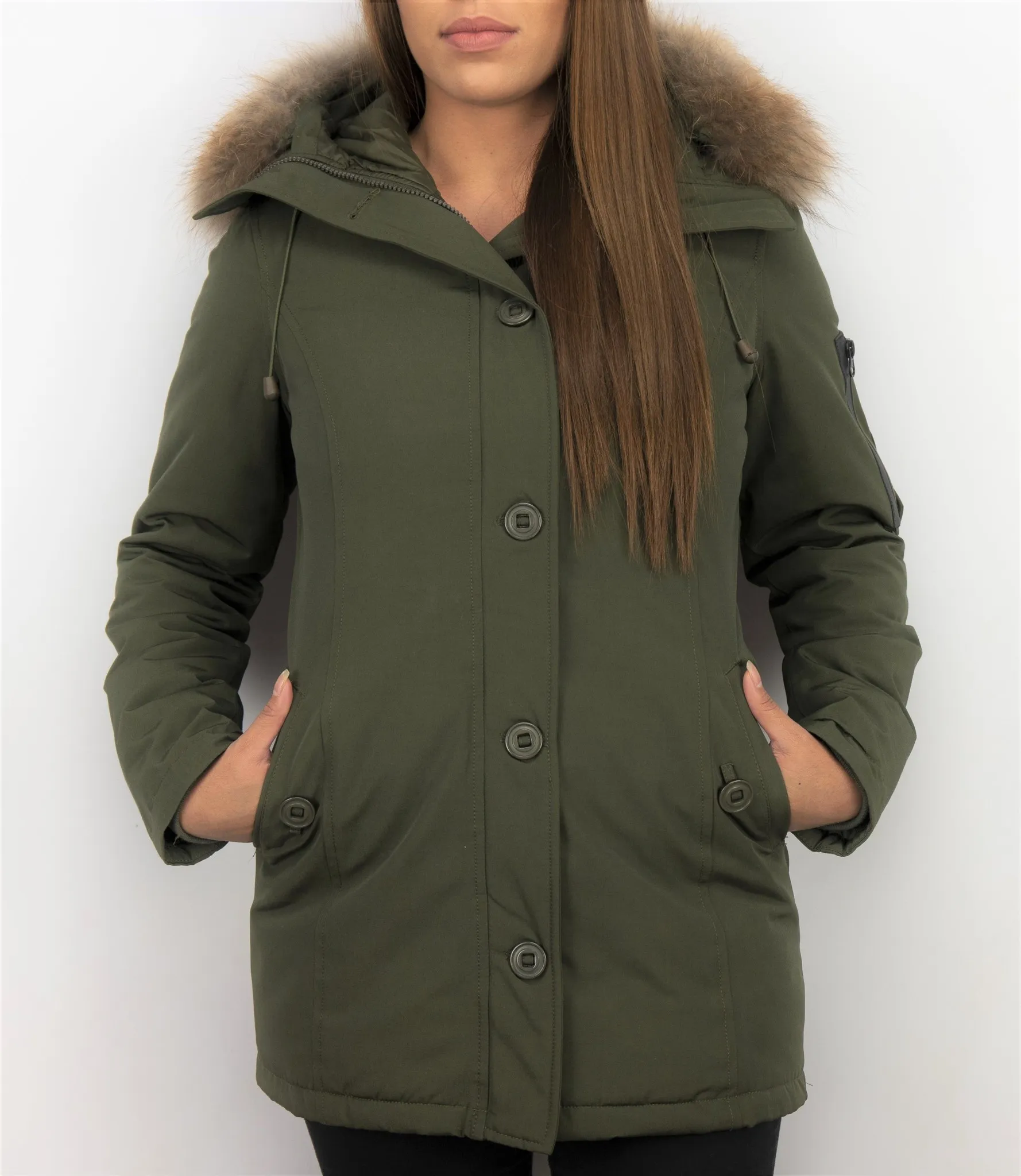 TheBrand Fur Collar Coat - Women's Winter Coat Long - Parka Stitch Bag - Green