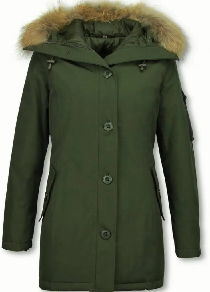 TheBrand Fur Collar Coat - Women's Winter Coat Long - Parka Stitch Bag - Green