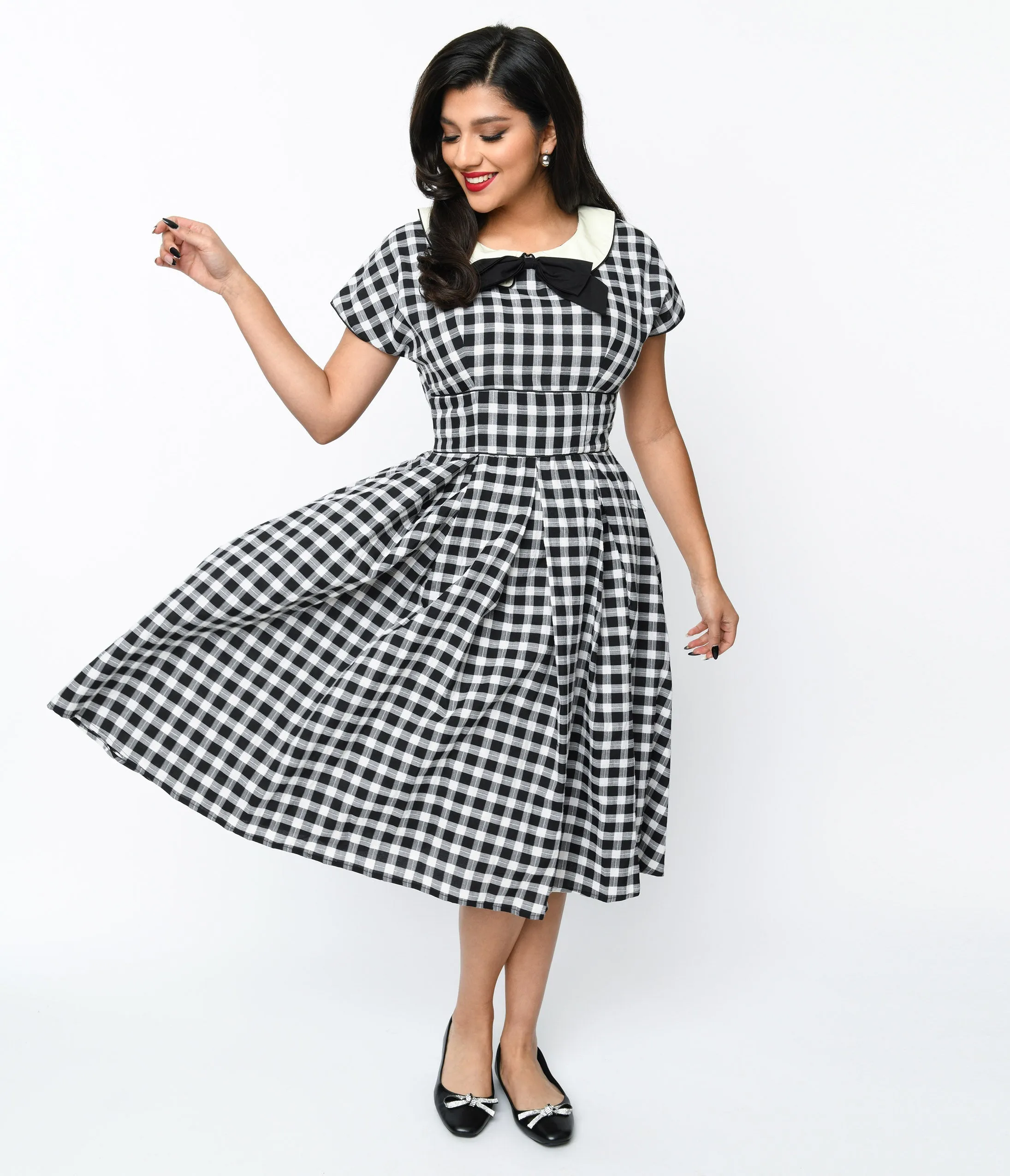 Unique Vintage 1950s White & Black Gingham Swing Dress