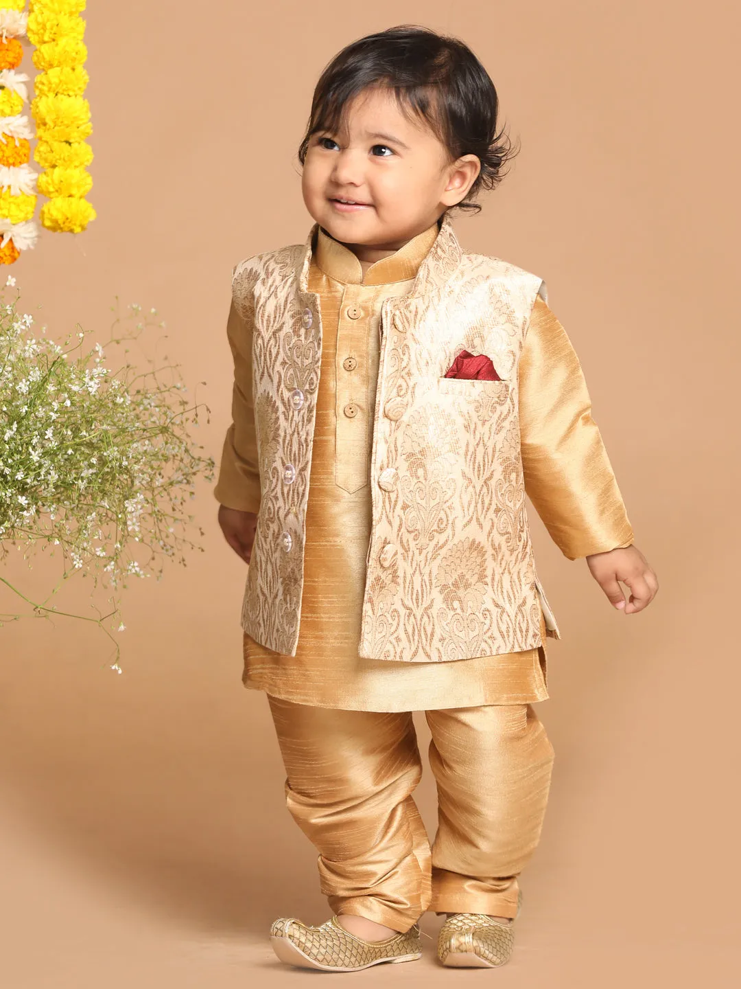 VASTRAMAY SISHU Boy's Rose Gold Printed  Pyjama Set With Nehru Jacket