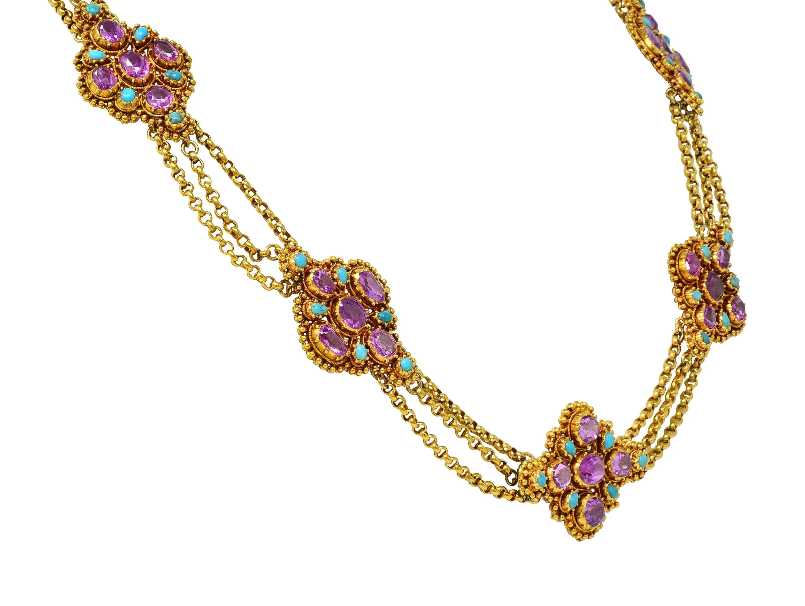 Victorian Etruscan Revival Pink Sapphire Turquoise 18 Karat Gold Antique Swagged Station Necklace