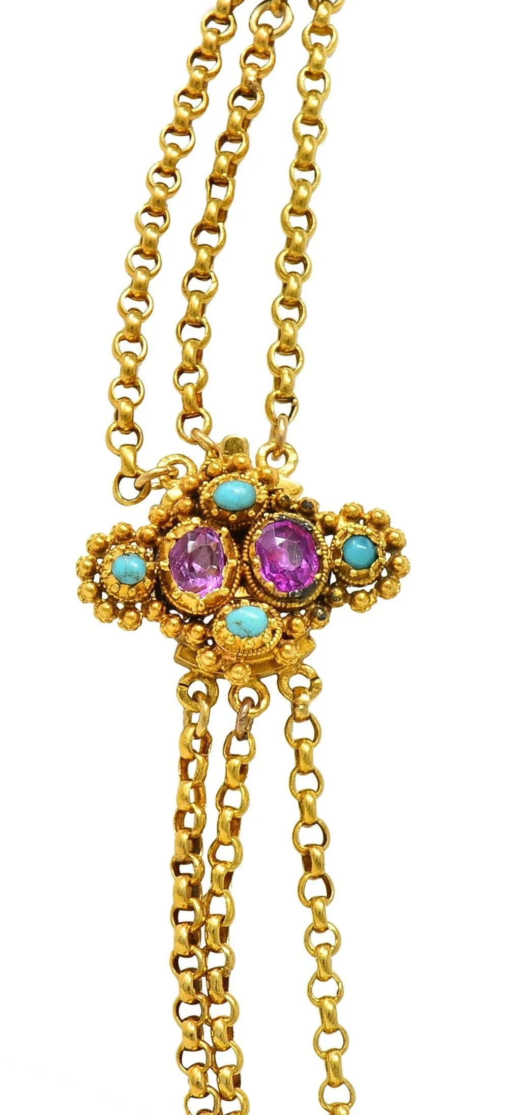 Victorian Etruscan Revival Pink Sapphire Turquoise 18 Karat Gold Antique Swagged Station Necklace