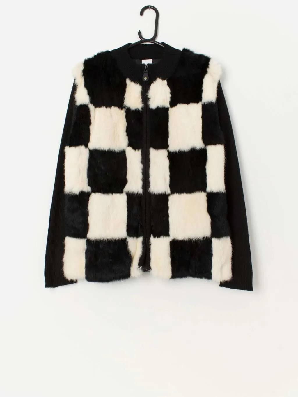 Vintage black and white rabbit fur zipped sweater – Medium